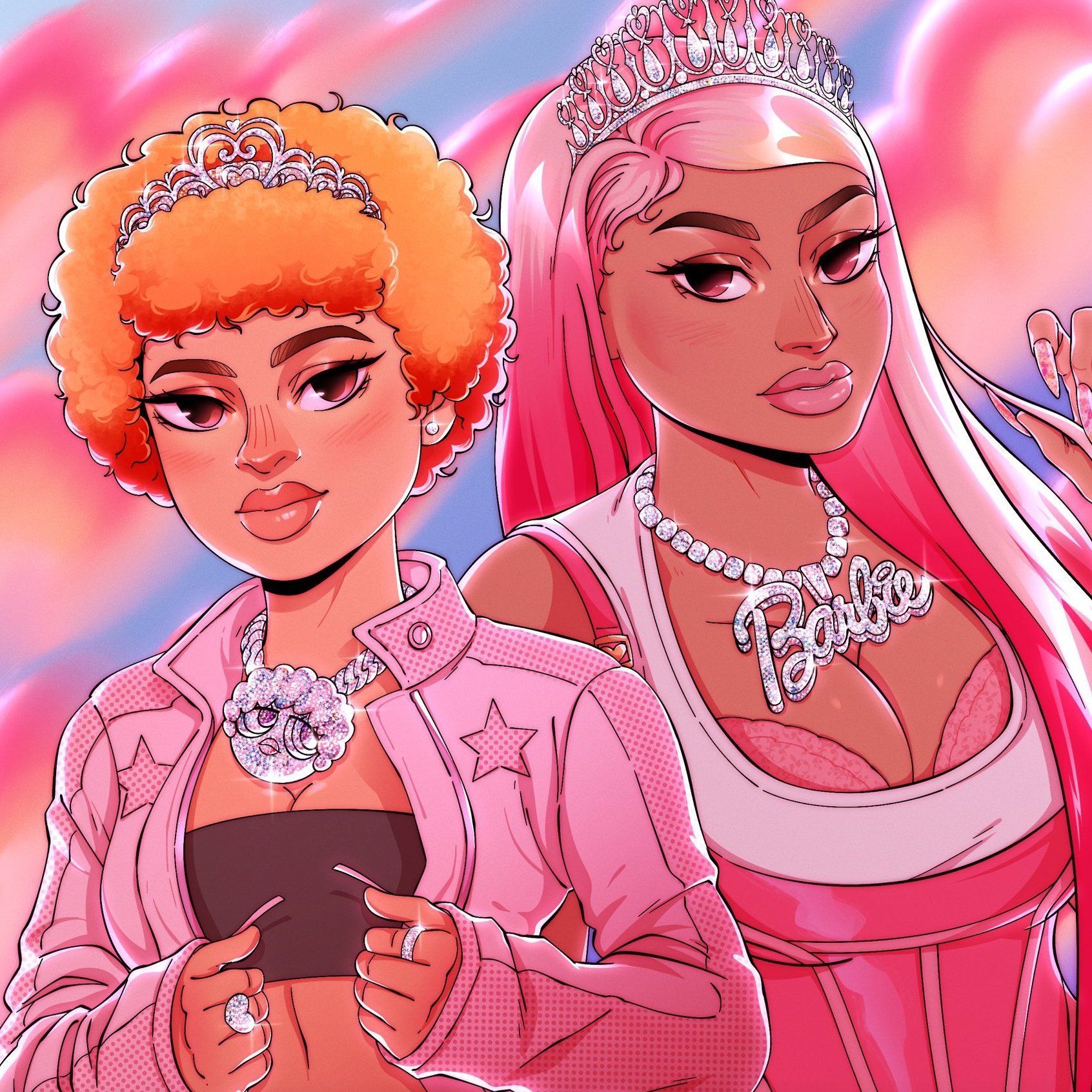 Two women with pink hair and crowns - Ice Spice