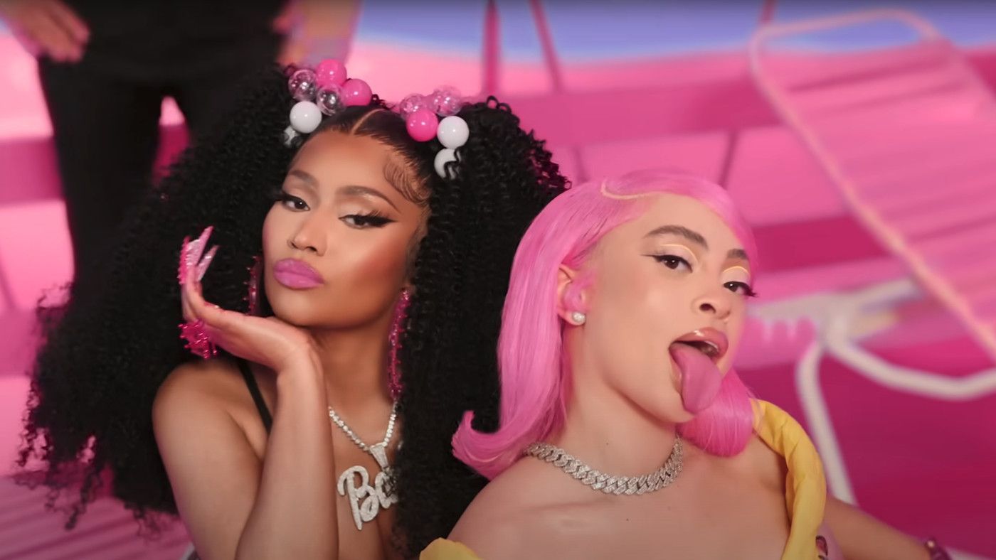 Cardi B and Nicki Minaj pose in a still from their music video for 