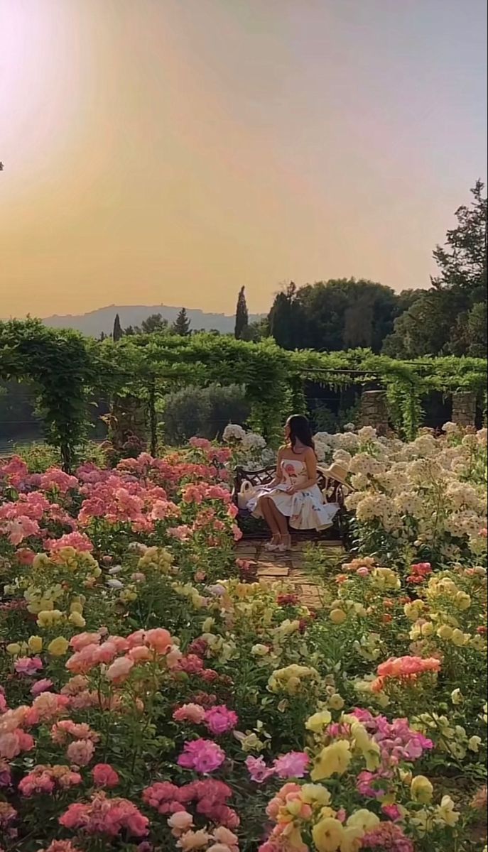 A woman sitting on top of the flowers - Garden