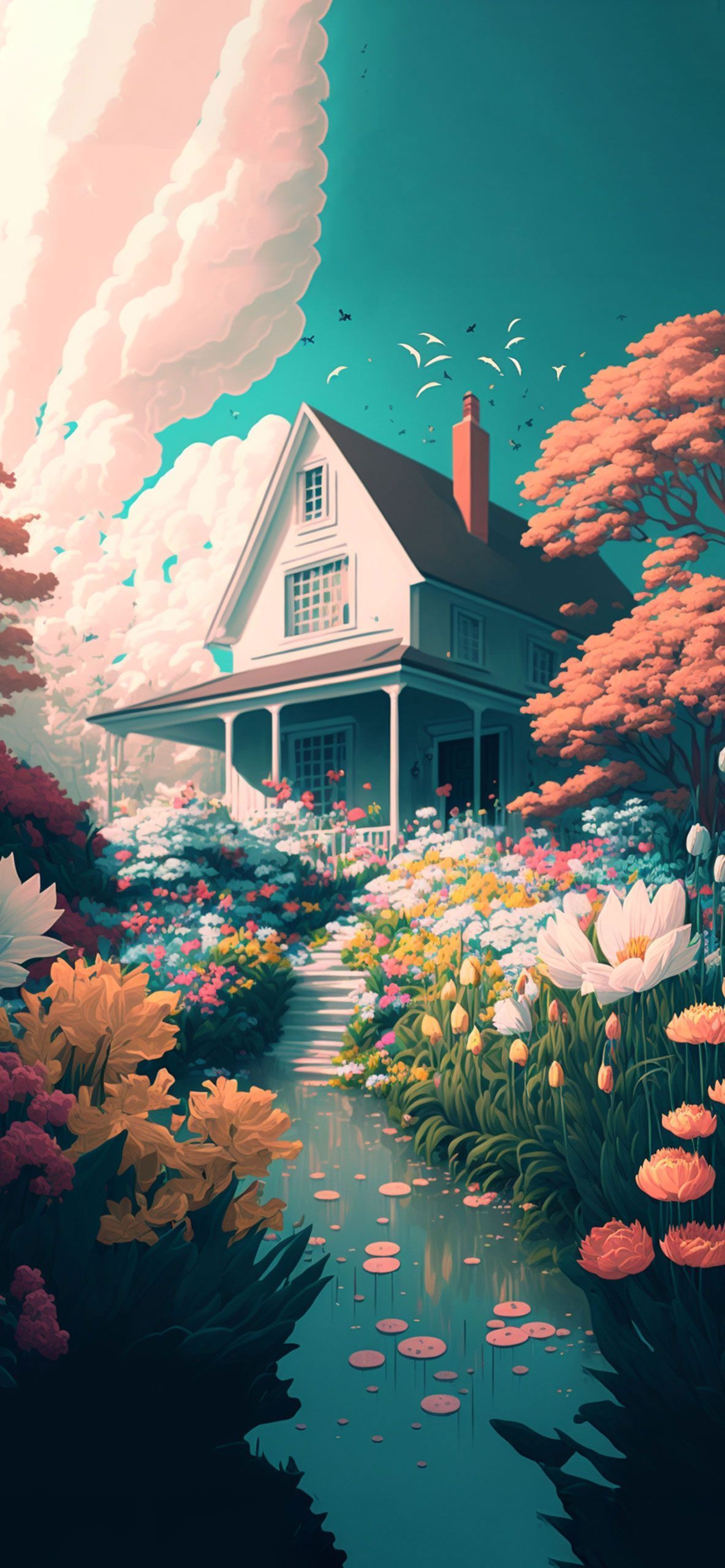 Spring Flowers Garden & House Wallpaper