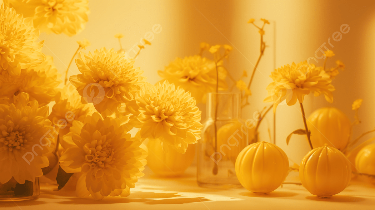Yellow flowers and pumpkins on a yellow background - Light yellow