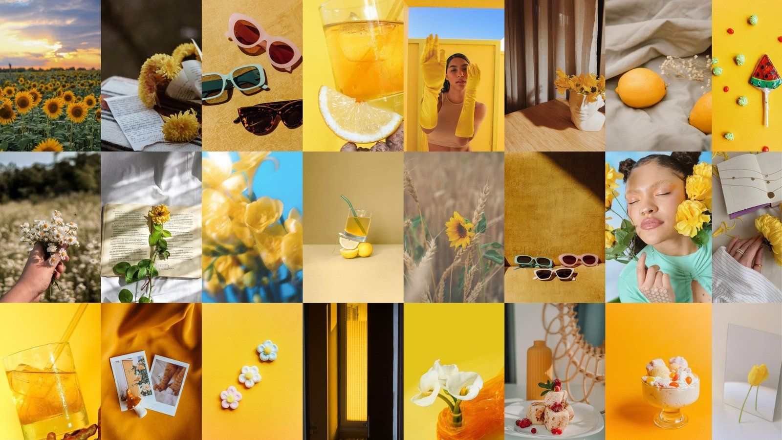 A collage of images of sunflowers, lemons, and people in yellow. - Light yellow