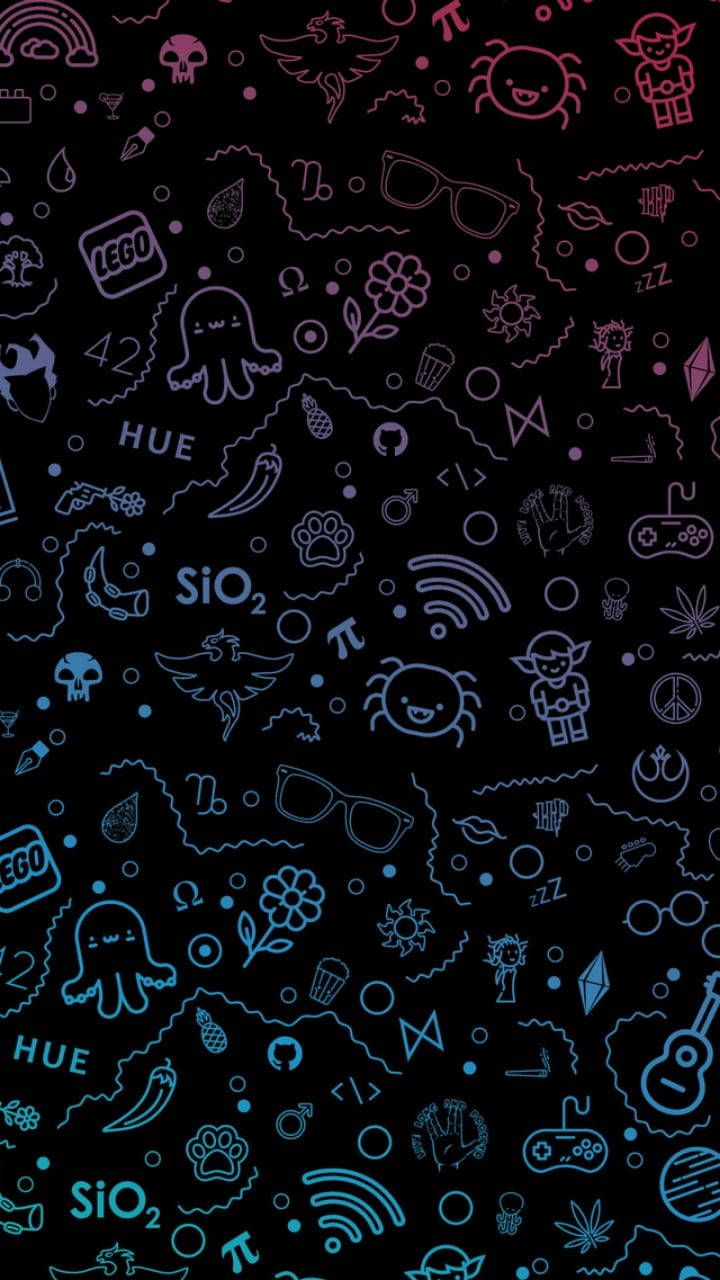 A neon gradient of logos and symbols on a black background - Doodles