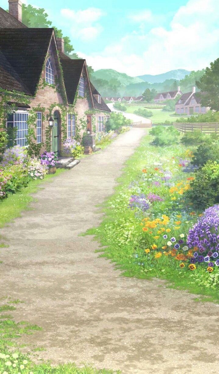 A beautiful anime village with flowers and houses - Garden, outdoors