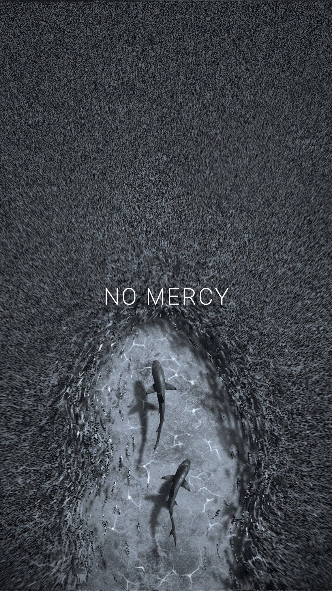 The poster for No Mercy, showing two sharks swimming in the water. - Gym