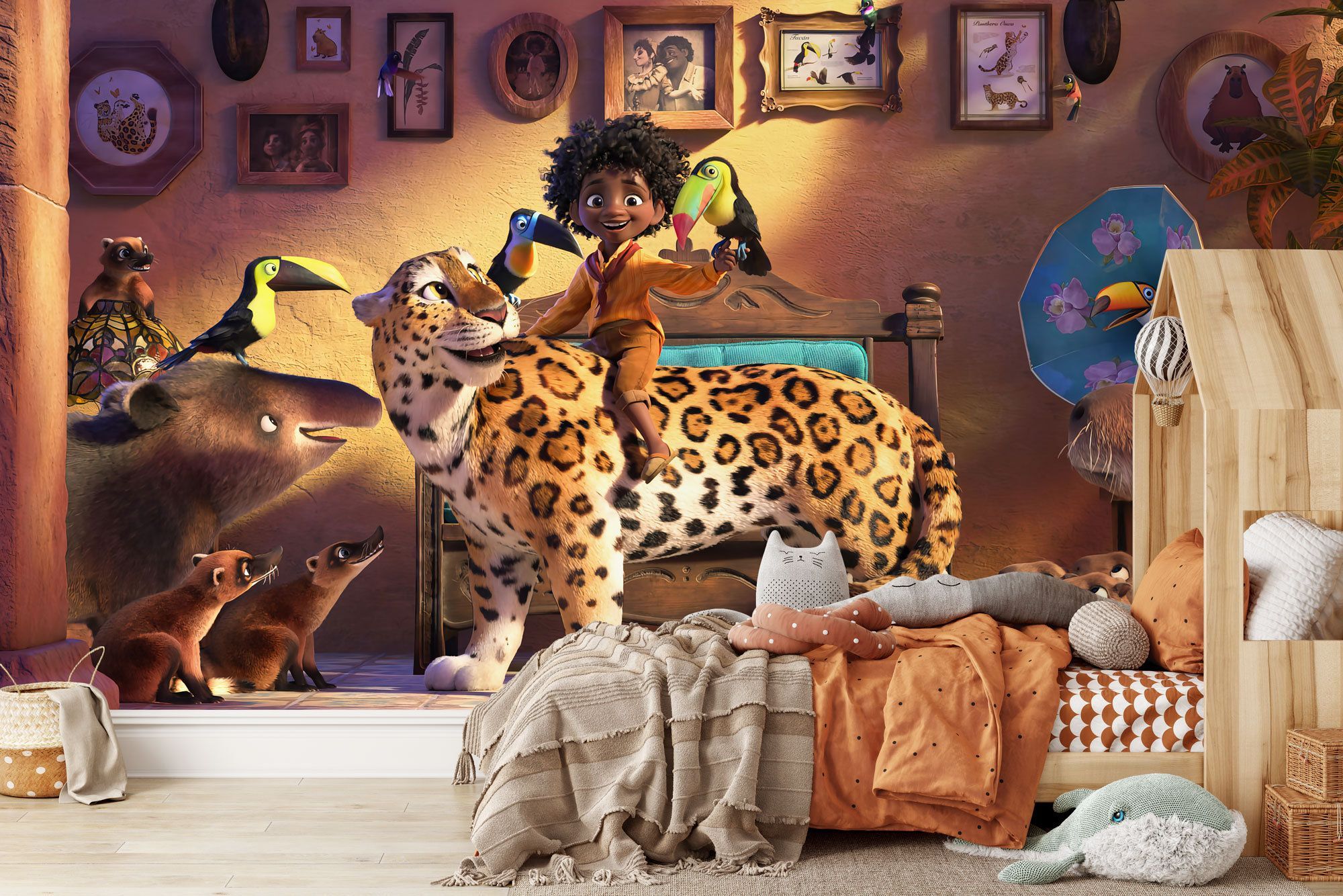 A child's bedroom with a wall mural of a girl riding a cheetah surrounded by jungle animals - Encanto