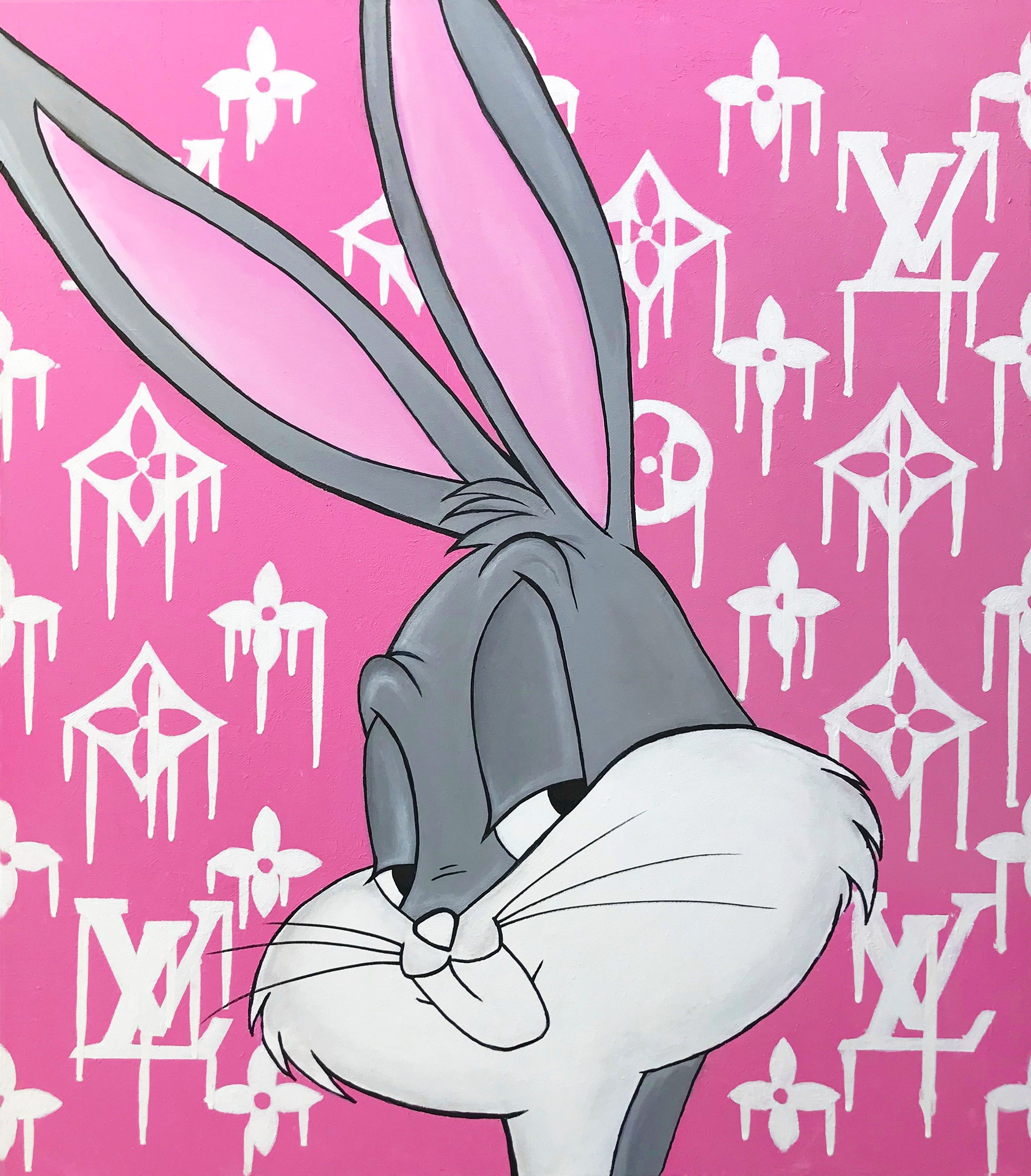 A cartoon rabbit with big ears is on pink background - Bugs Bunny