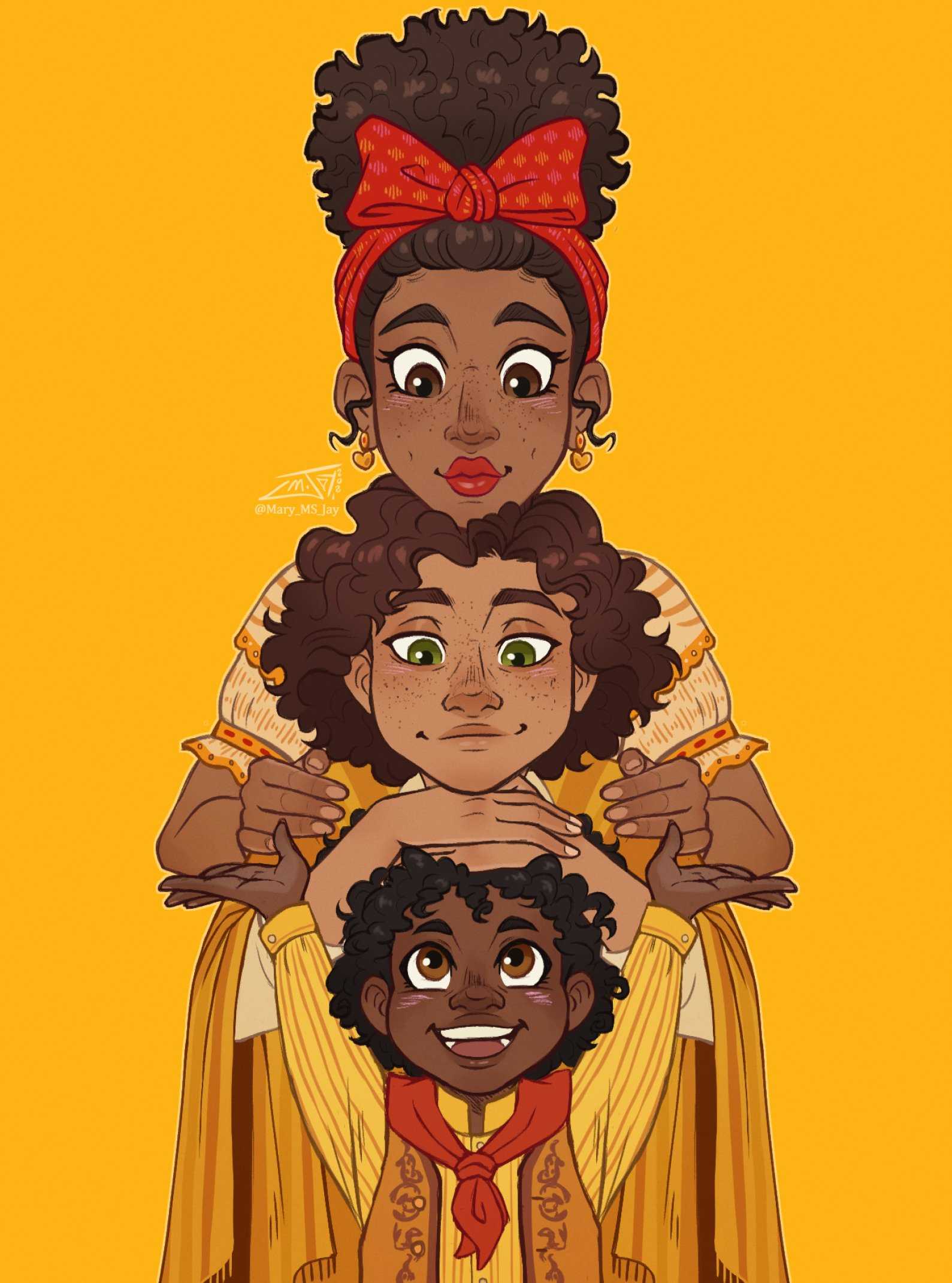 A cartoon illustration of a mother and her two children. - Encanto