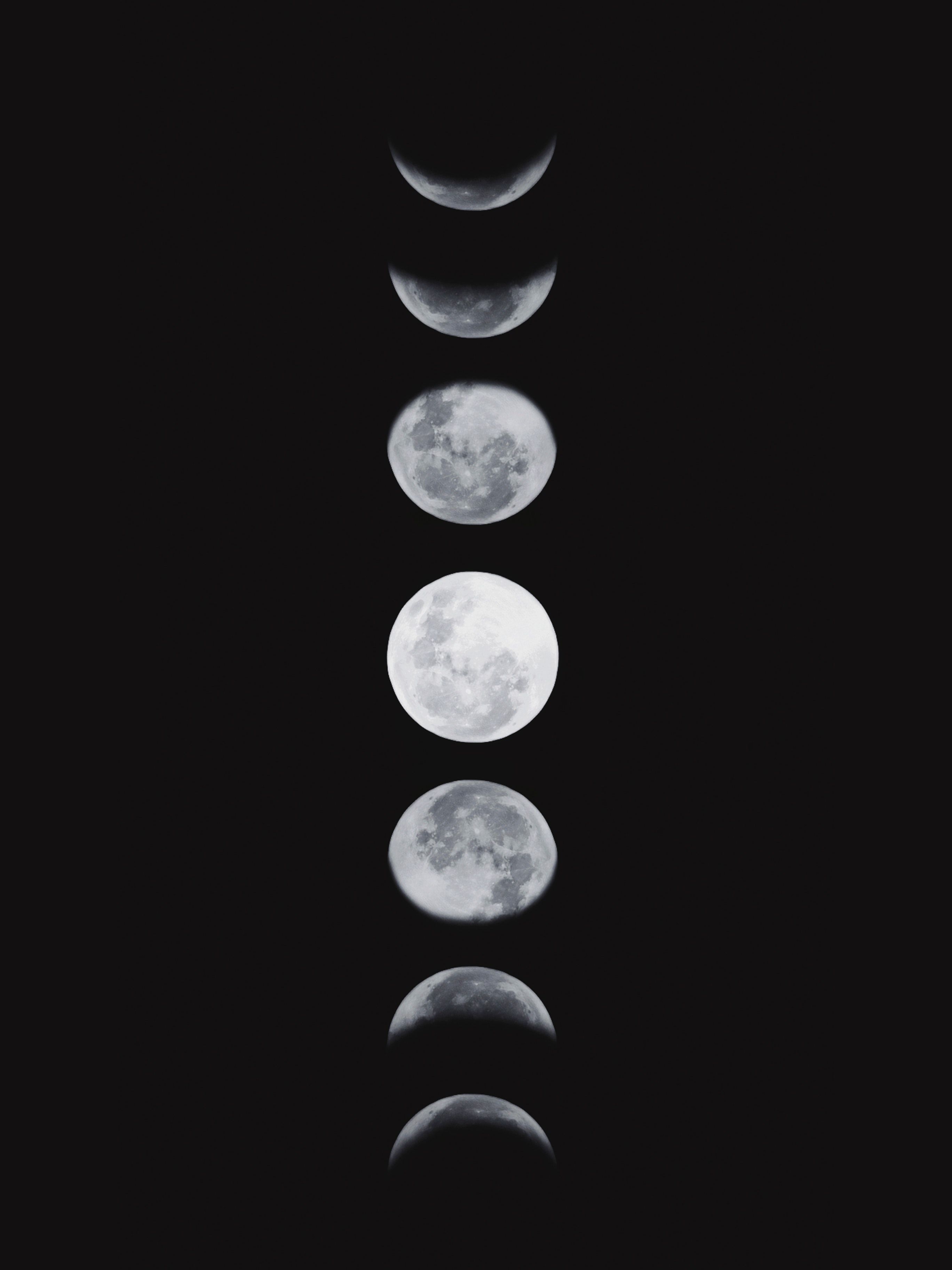 A series of six moon phases on a black background - Moon phases