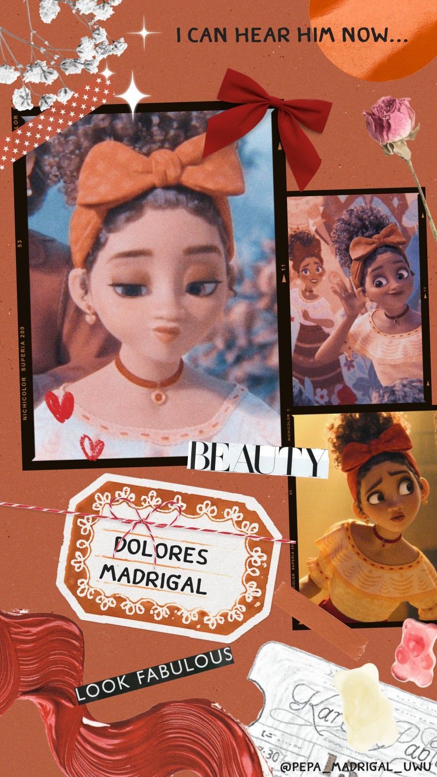 A collage of pictures of the character from the movie beauty and the beast named dolores madrigal - Encanto