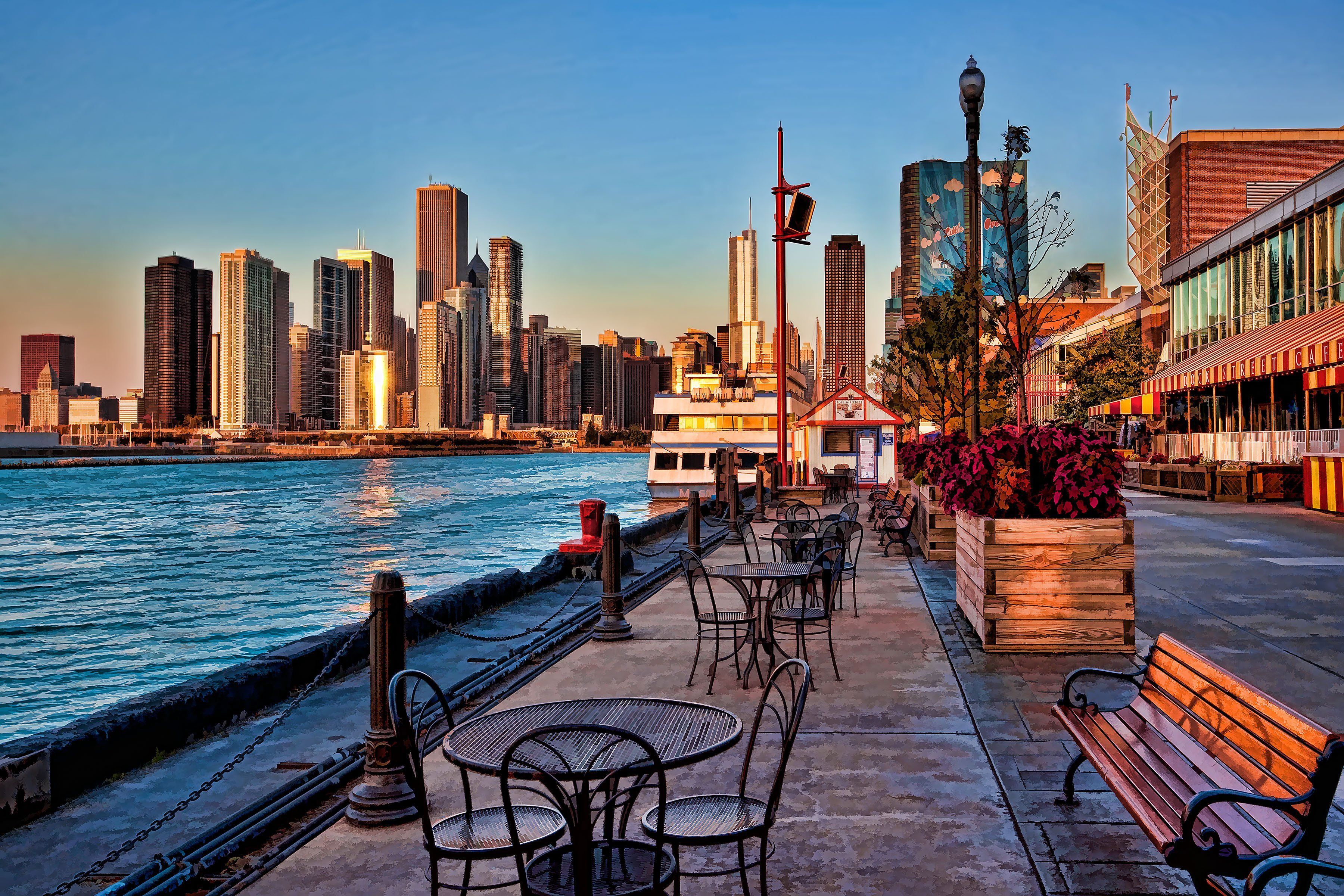 A city with water and benches - Chicago