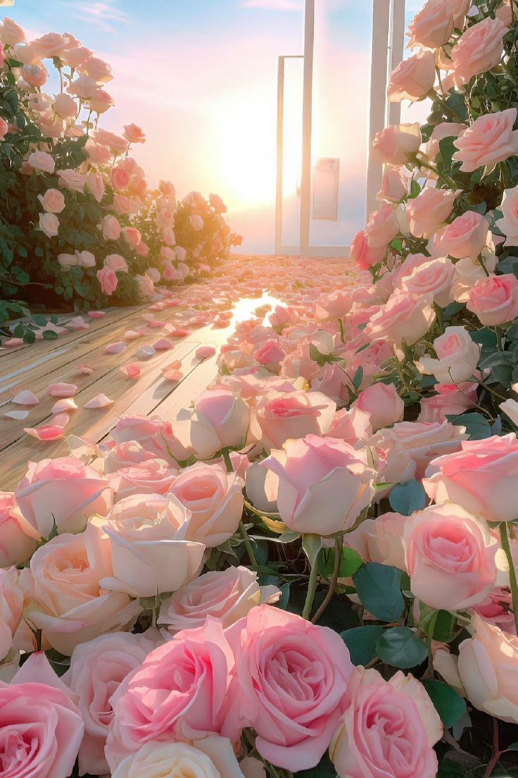 A beautiful garden with pink roses and a sunset in the background - Garden