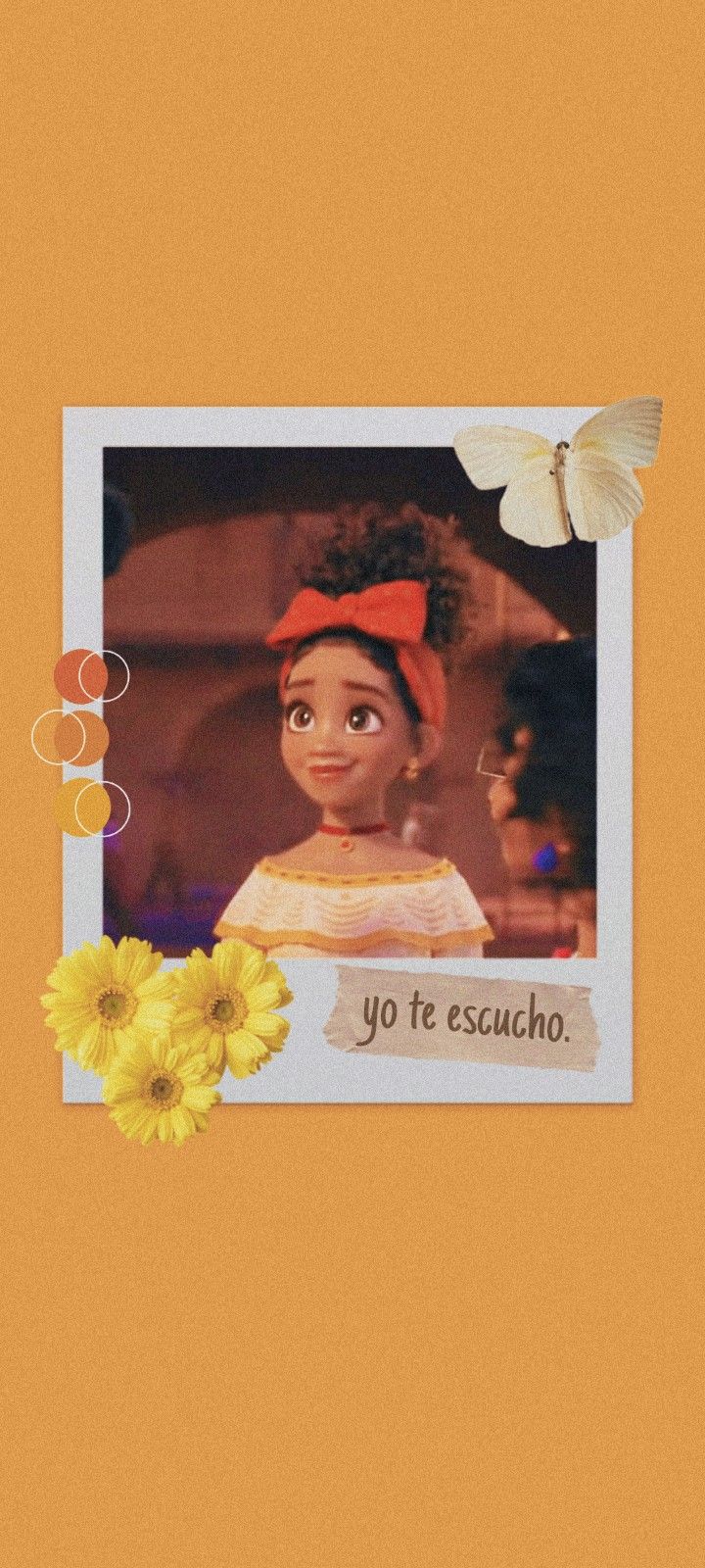 A picture of an orange background with the words yo te esco - Encanto