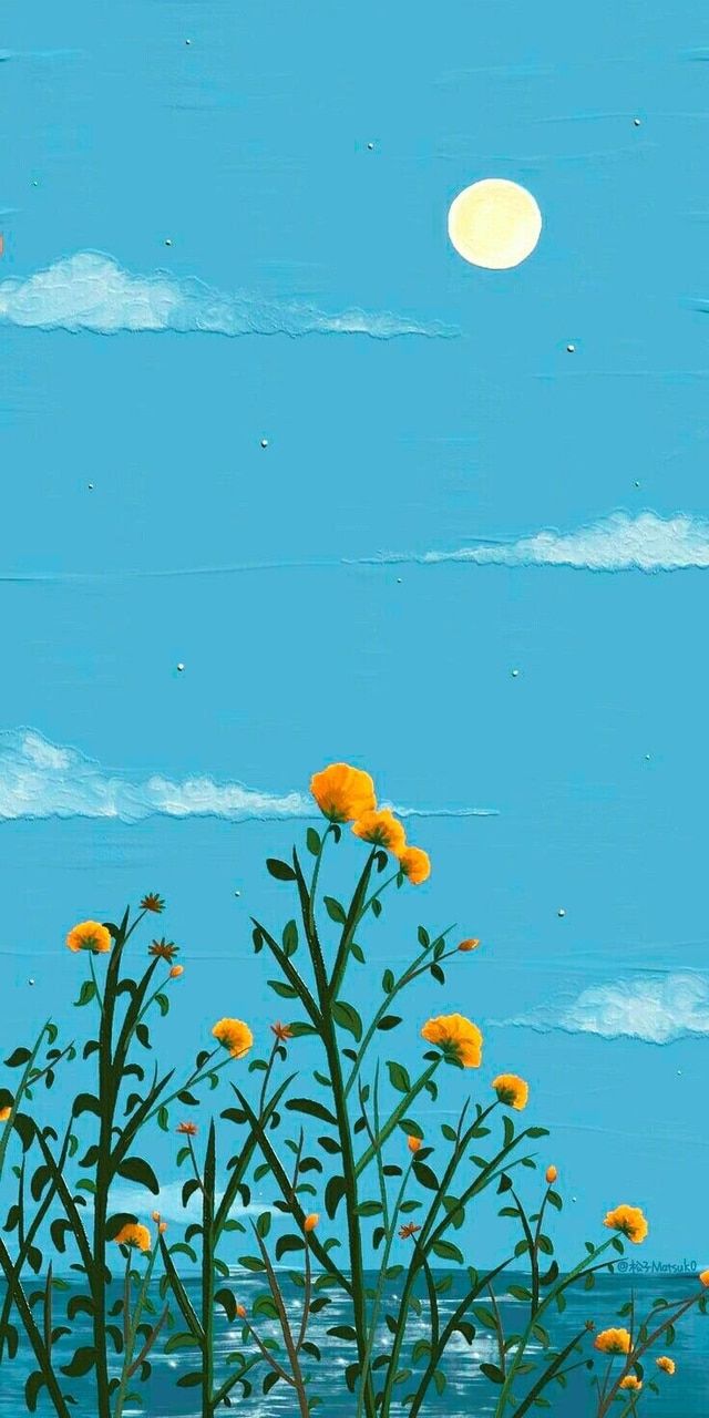 IPhone wallpaper with a painting of yellow flowers in front of a blue sky - Spring