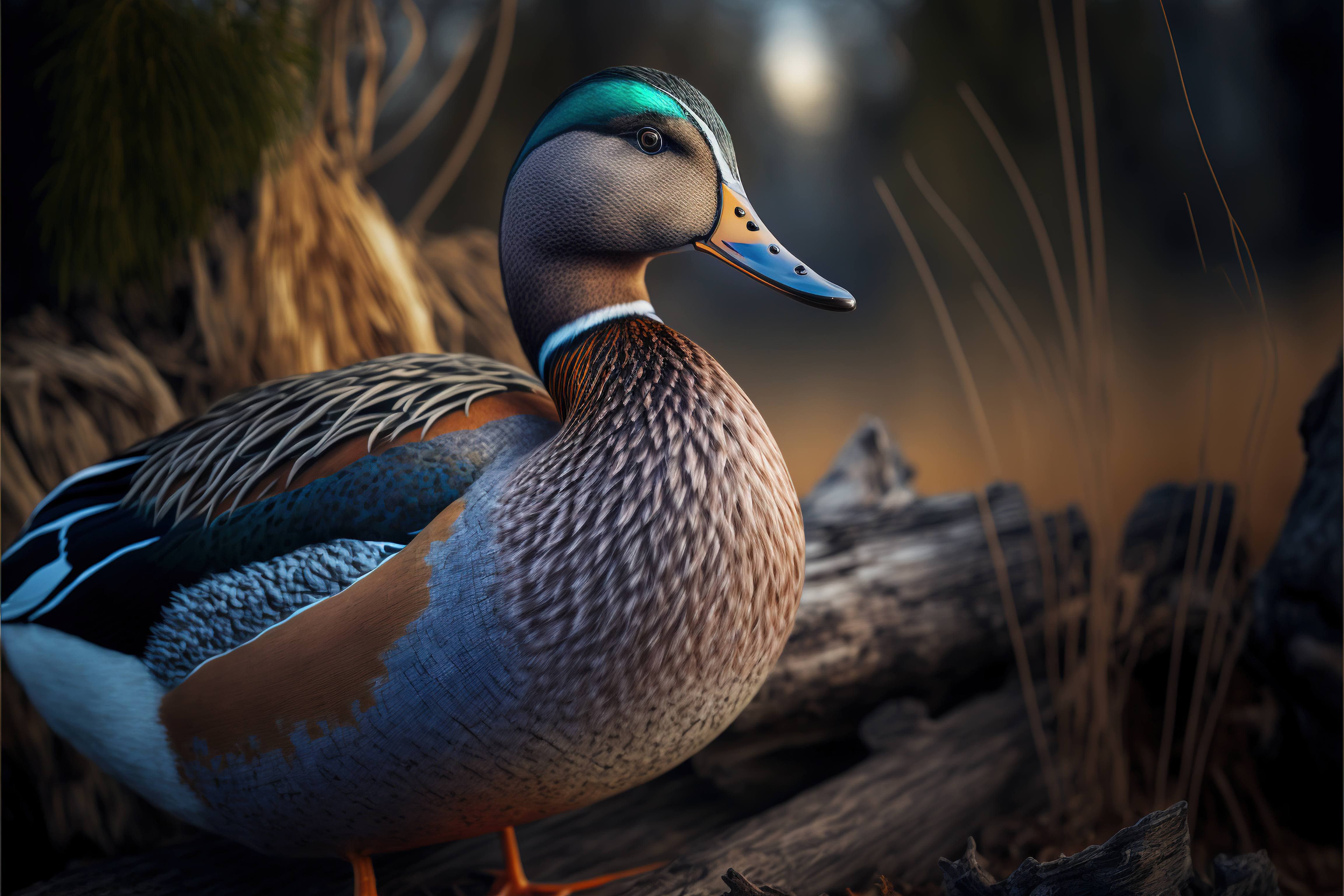 A male Gadwall duck standing on a log in a pond - Duck