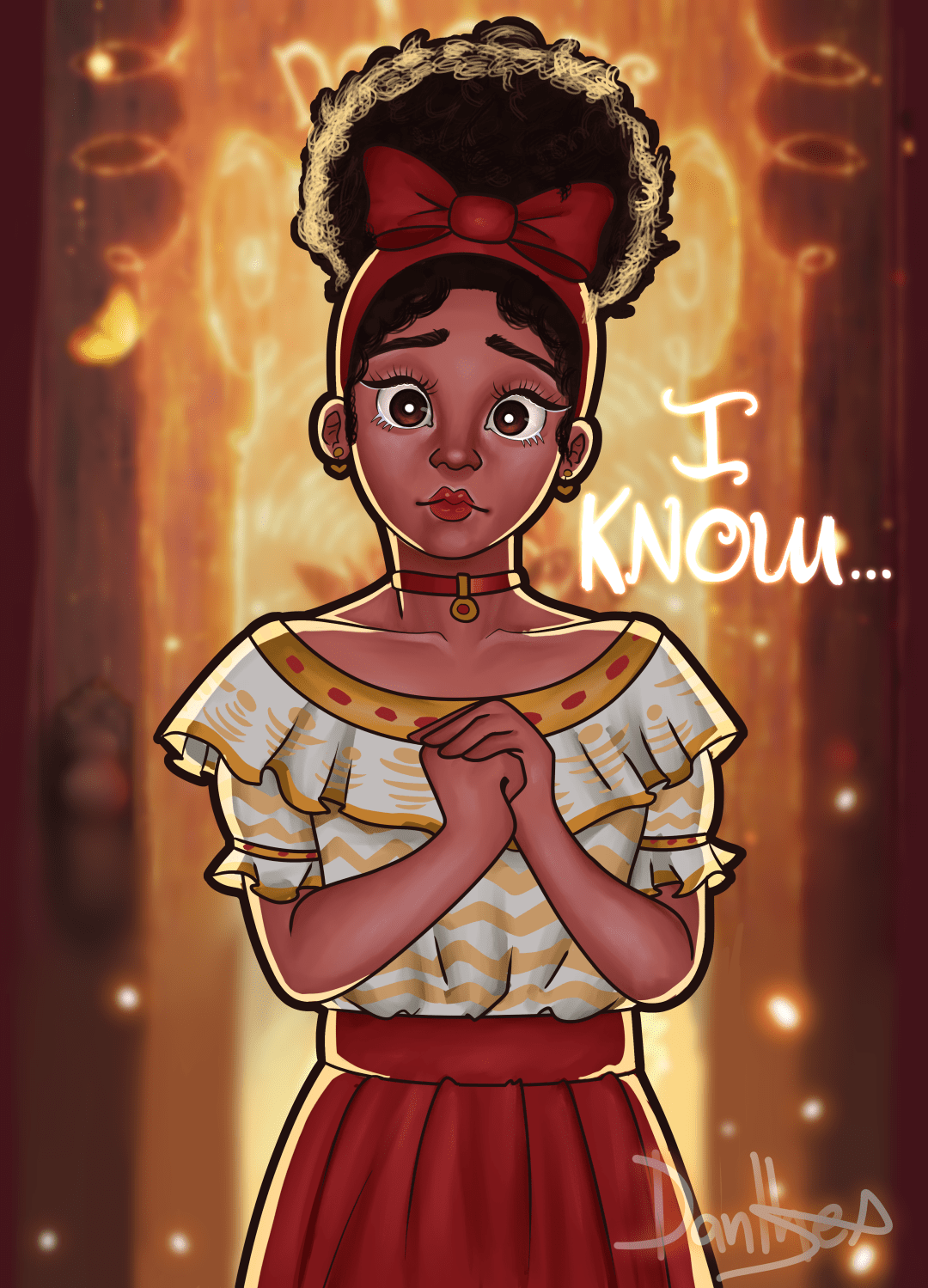 A black woman with a red bow in her hair and a red skirt, standing in front of a fiery background with the words 