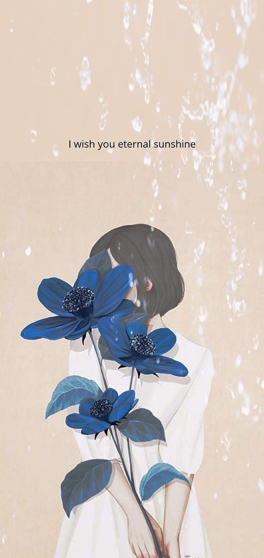 Aesthetic phone wallpaper of a girl holding blue flowers with a quote that says 