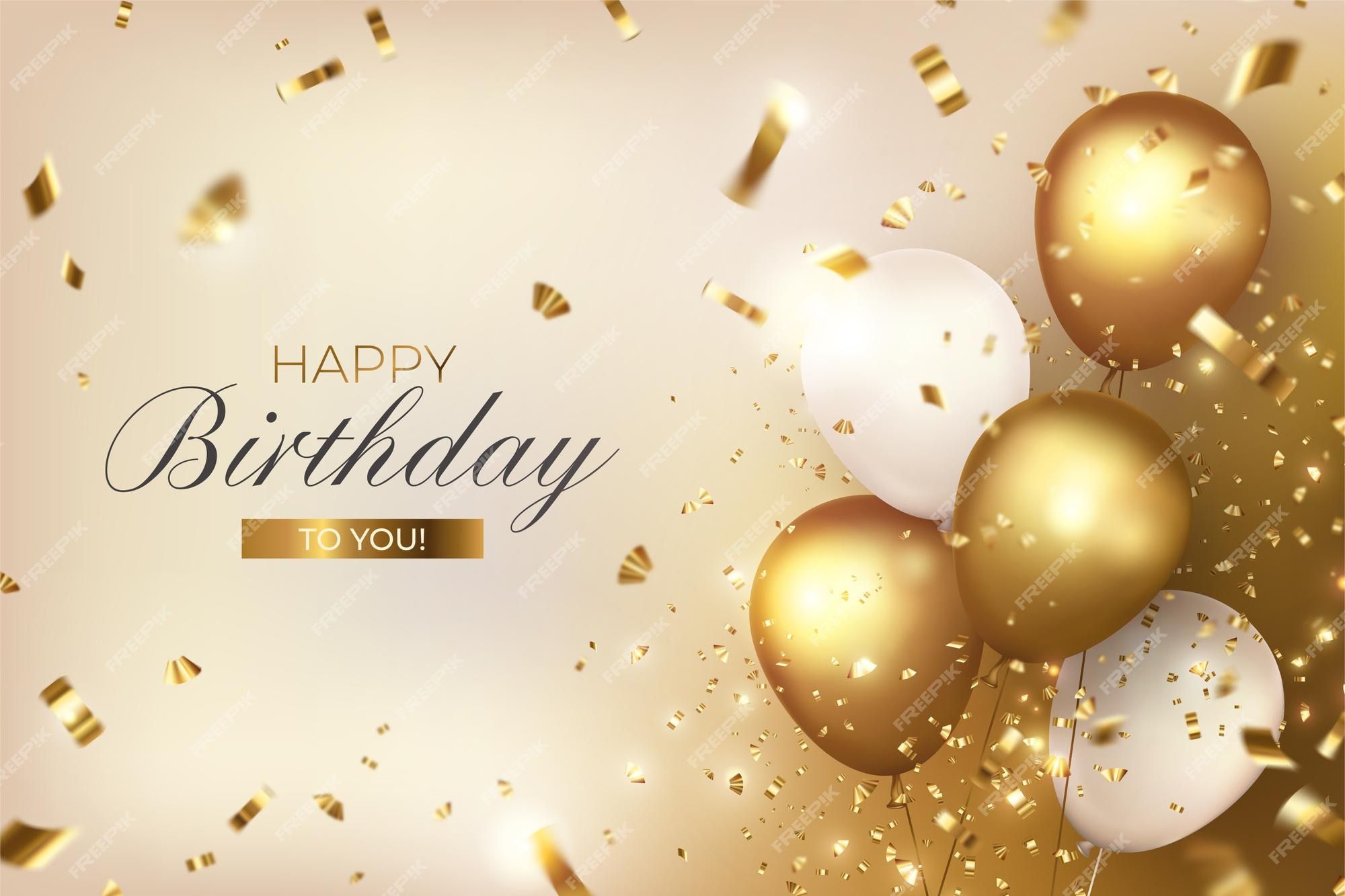 Birthday background with golden balloons and confetti on a beige background - Birthday