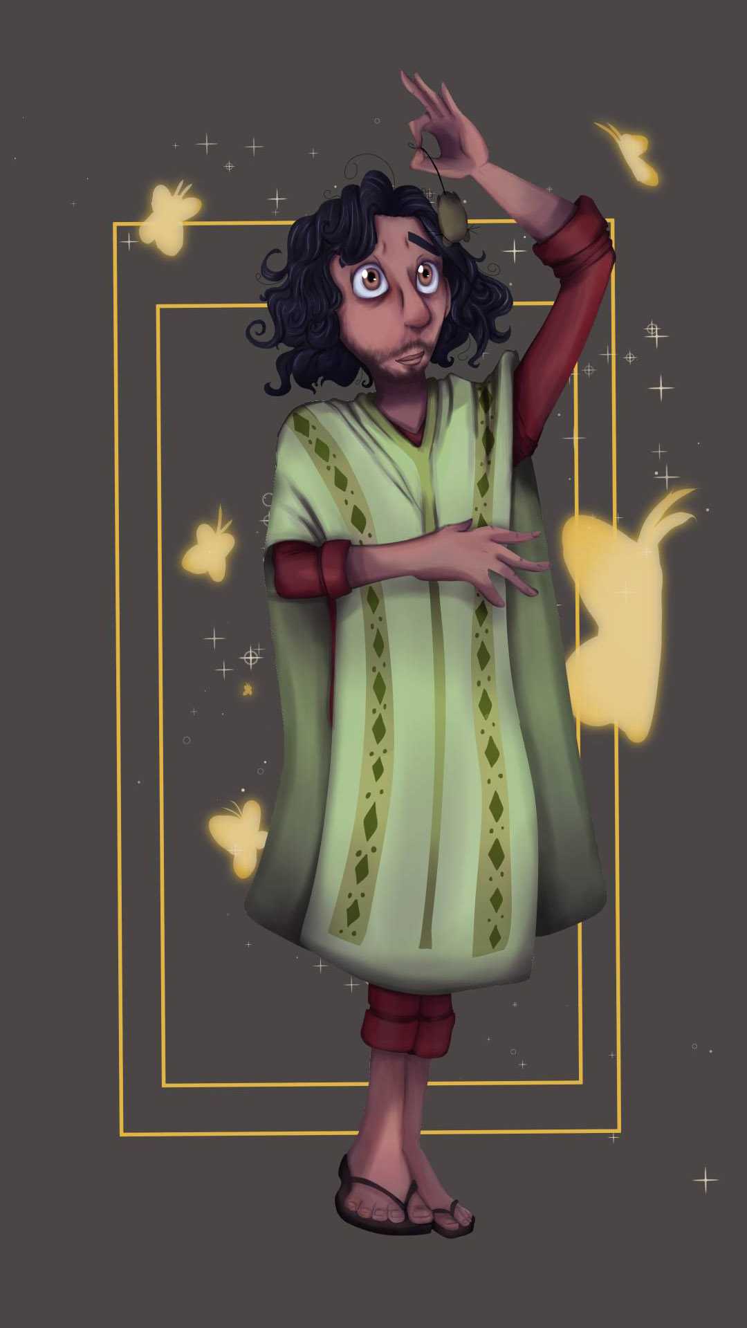 Art of a boy with curly hair and a green robe - Encanto