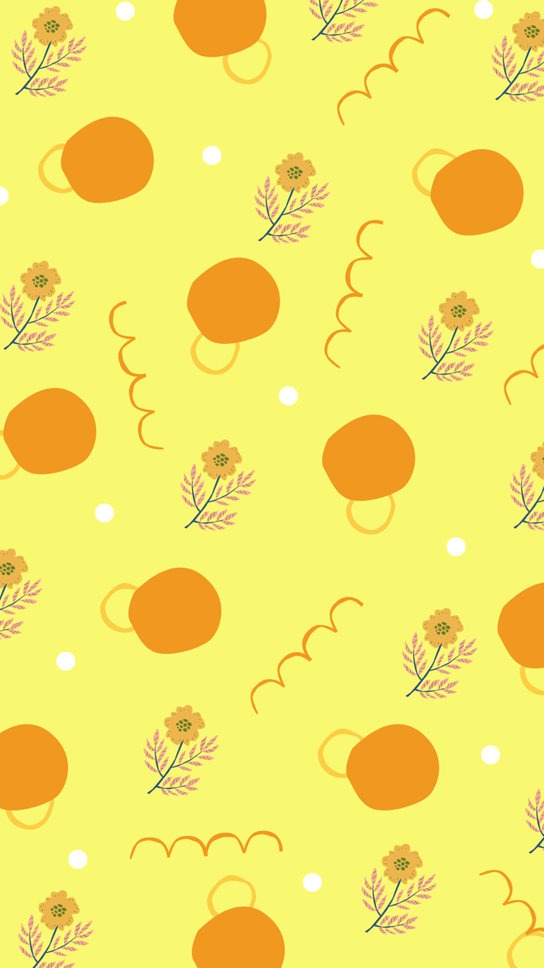 A yellow background with orange circles and flowers. - Sunshine