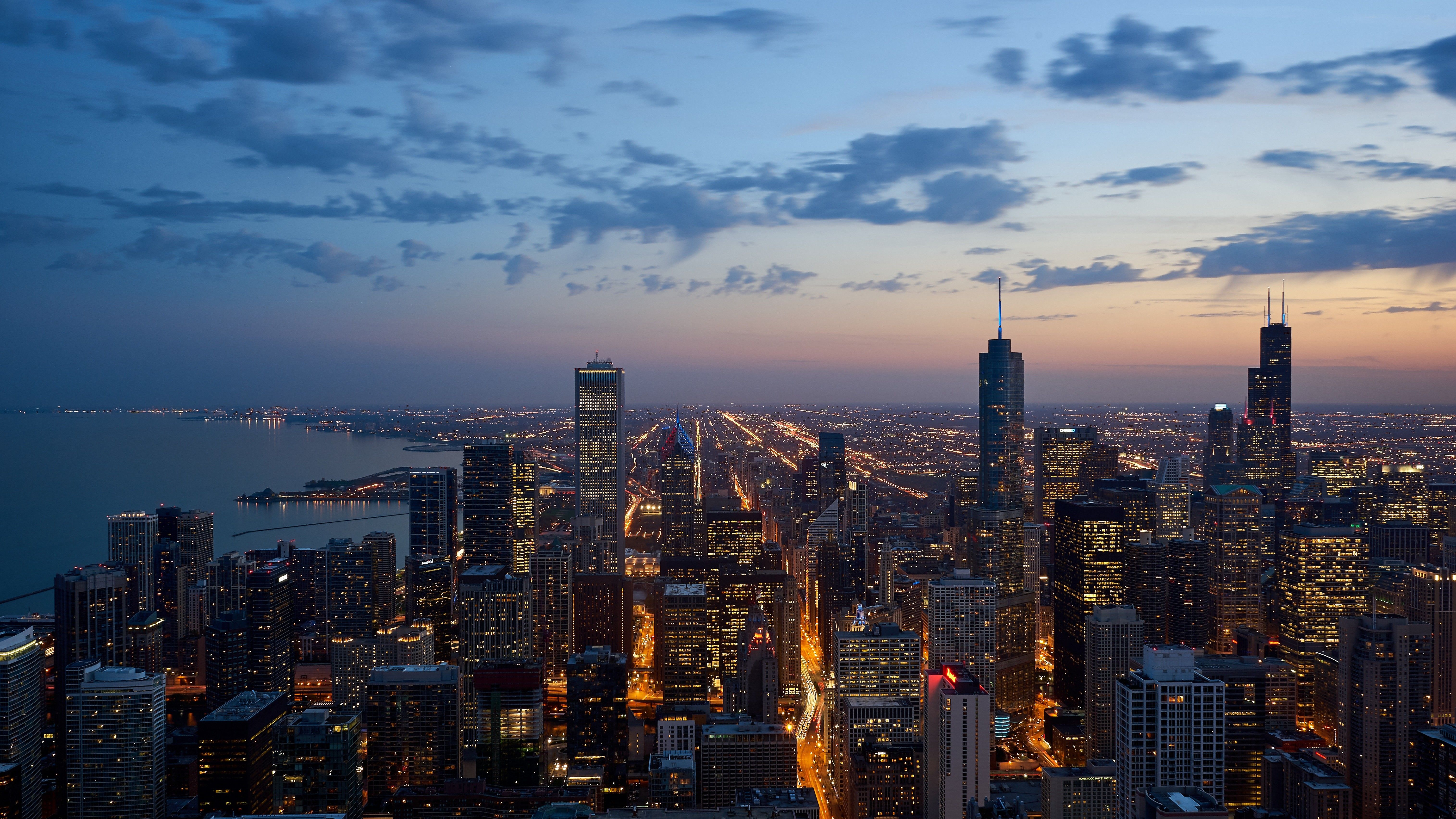 sunset, city, Chicago, skyscraper, building, clouds, lights, cityscape Gallery HD Wallpaper