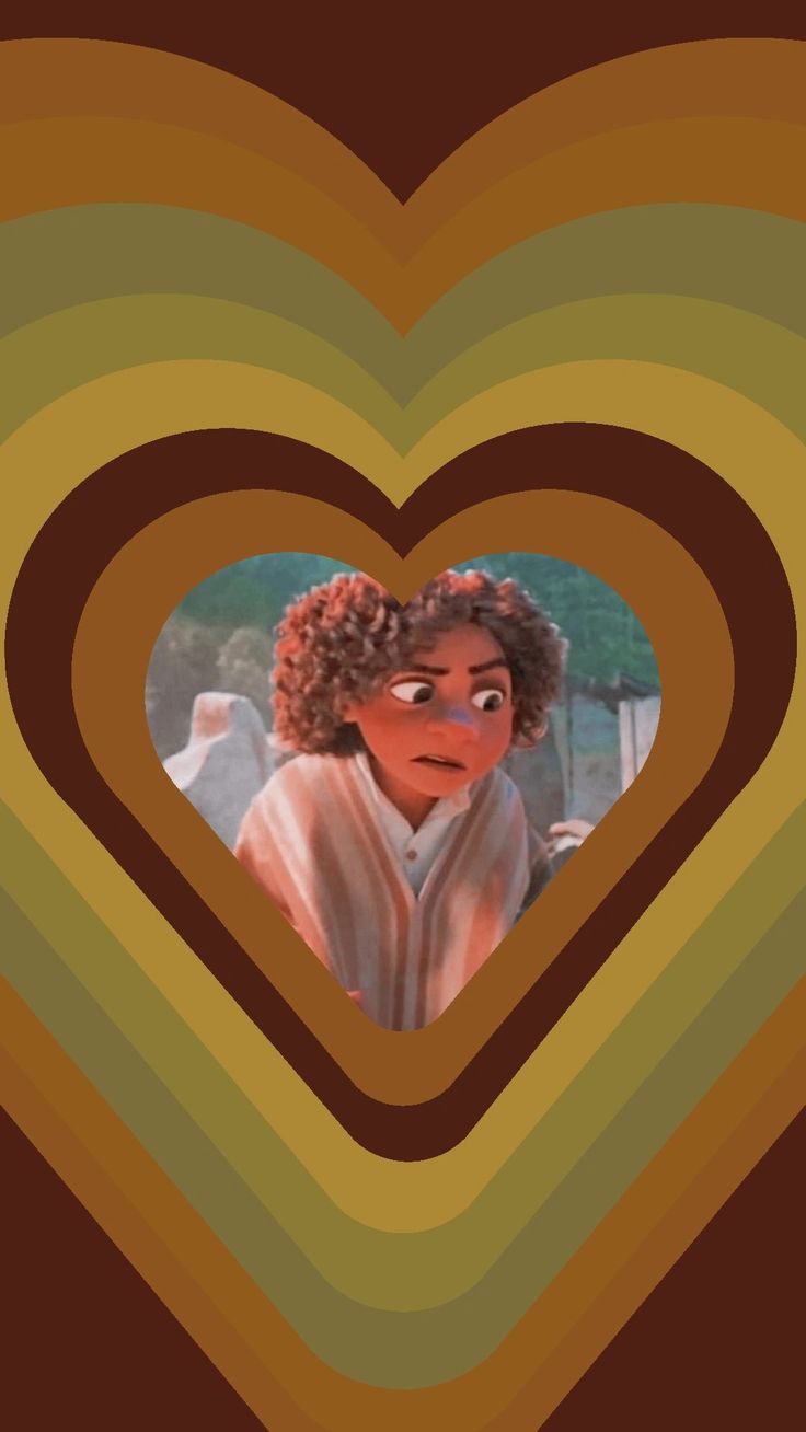 A brown heart background with a picture of a character from the movie 