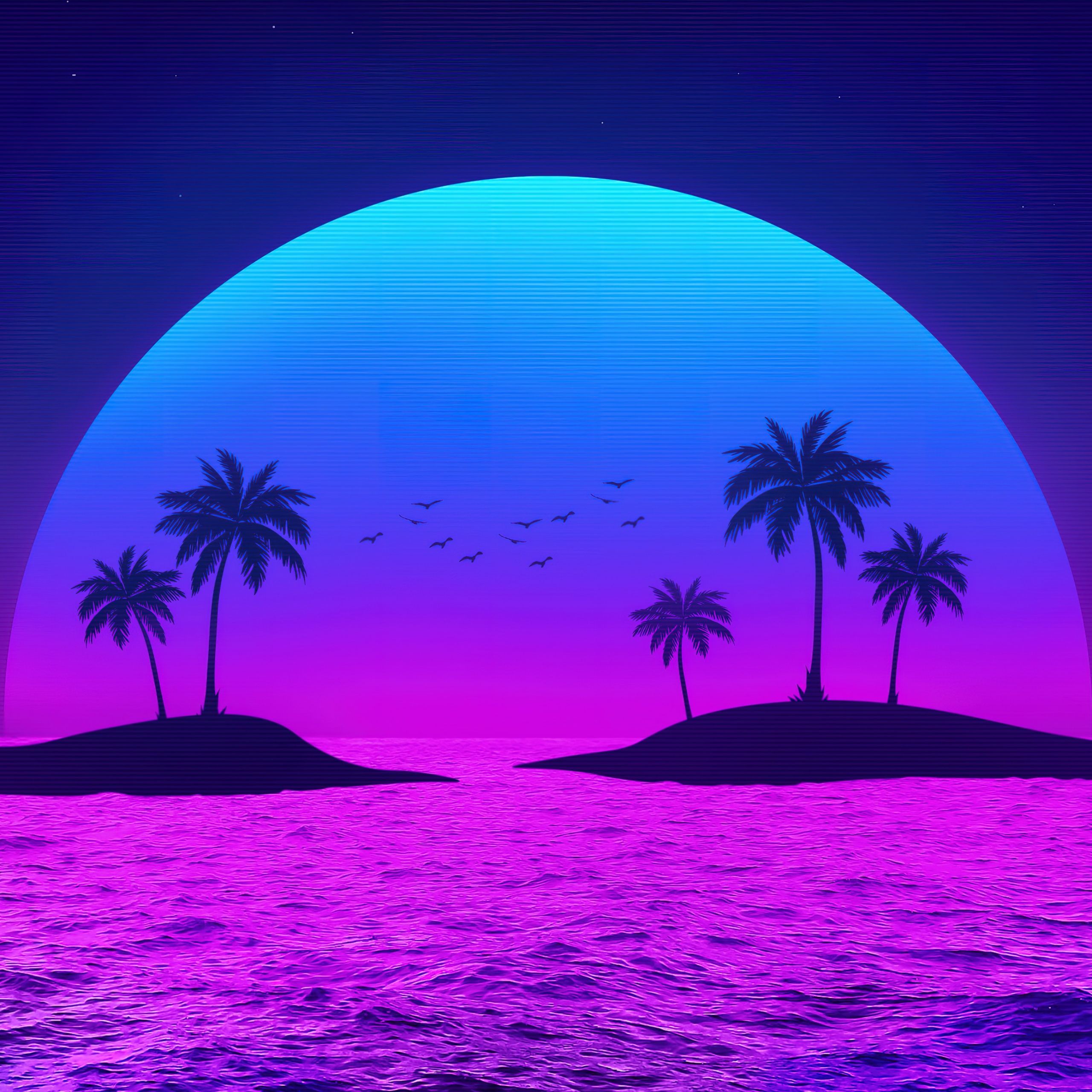 Tropical Wallpaper 4K, Islands, Palm trees, Sunset, Neon