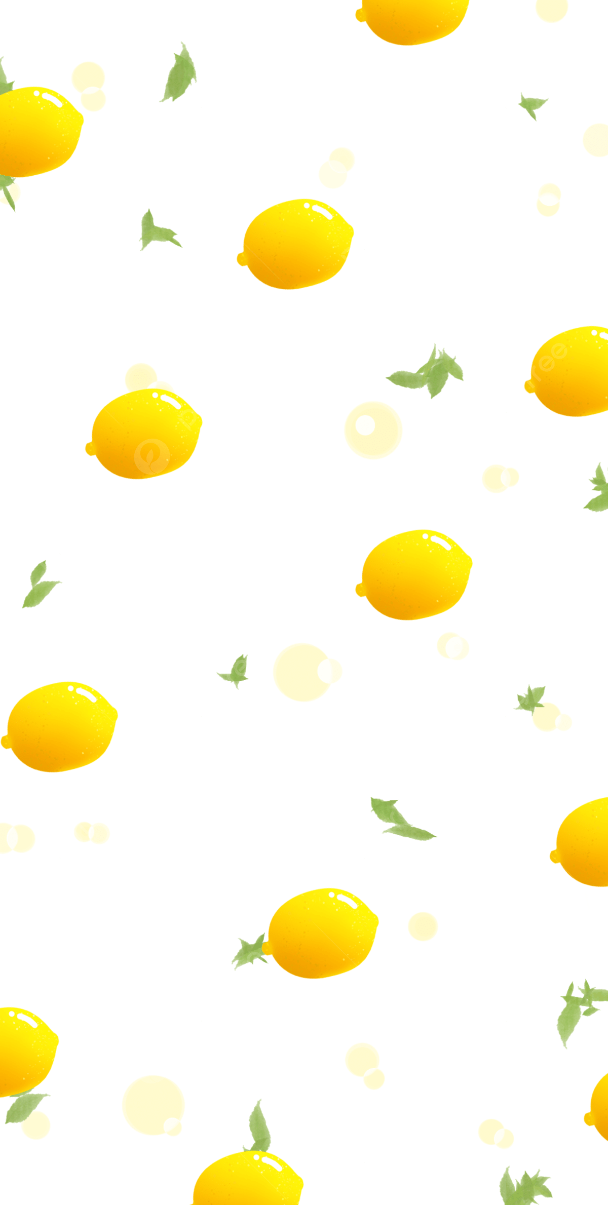 A white background with yellow lemons and green leaves. - Lemon