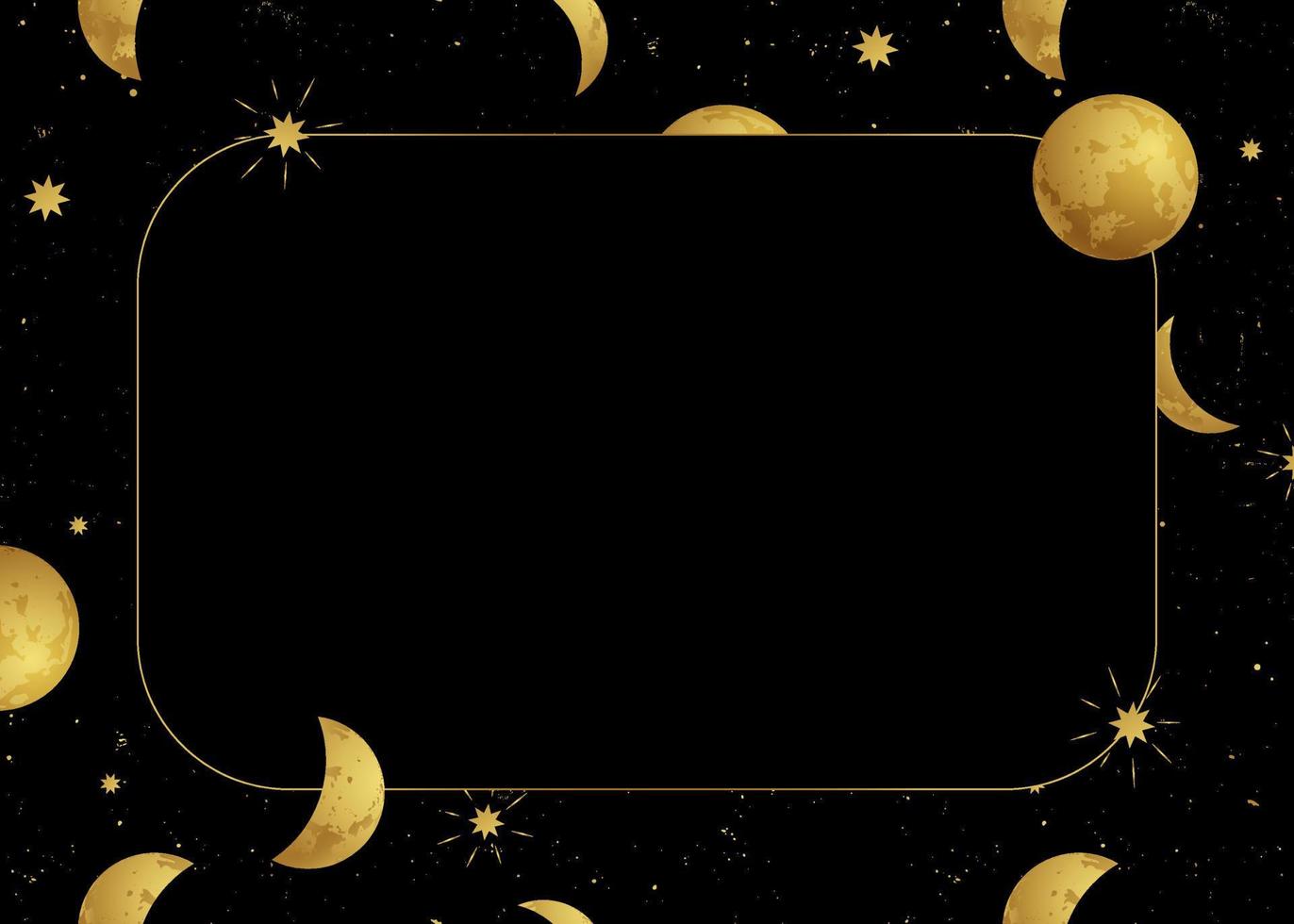 Golden space backdrop with stars and moon phases on a black background with frame for tarot, astrology, wallpaper, case for phone. Magic cosmic sky, abstract esoteric ornament. Vector illustration. Vector Art