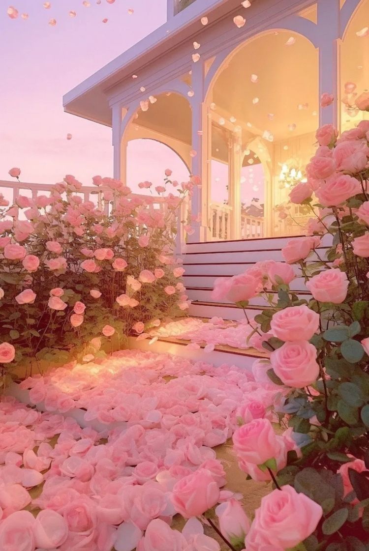 A pathway covered in pink roses leading to a white gazebo. - Garden