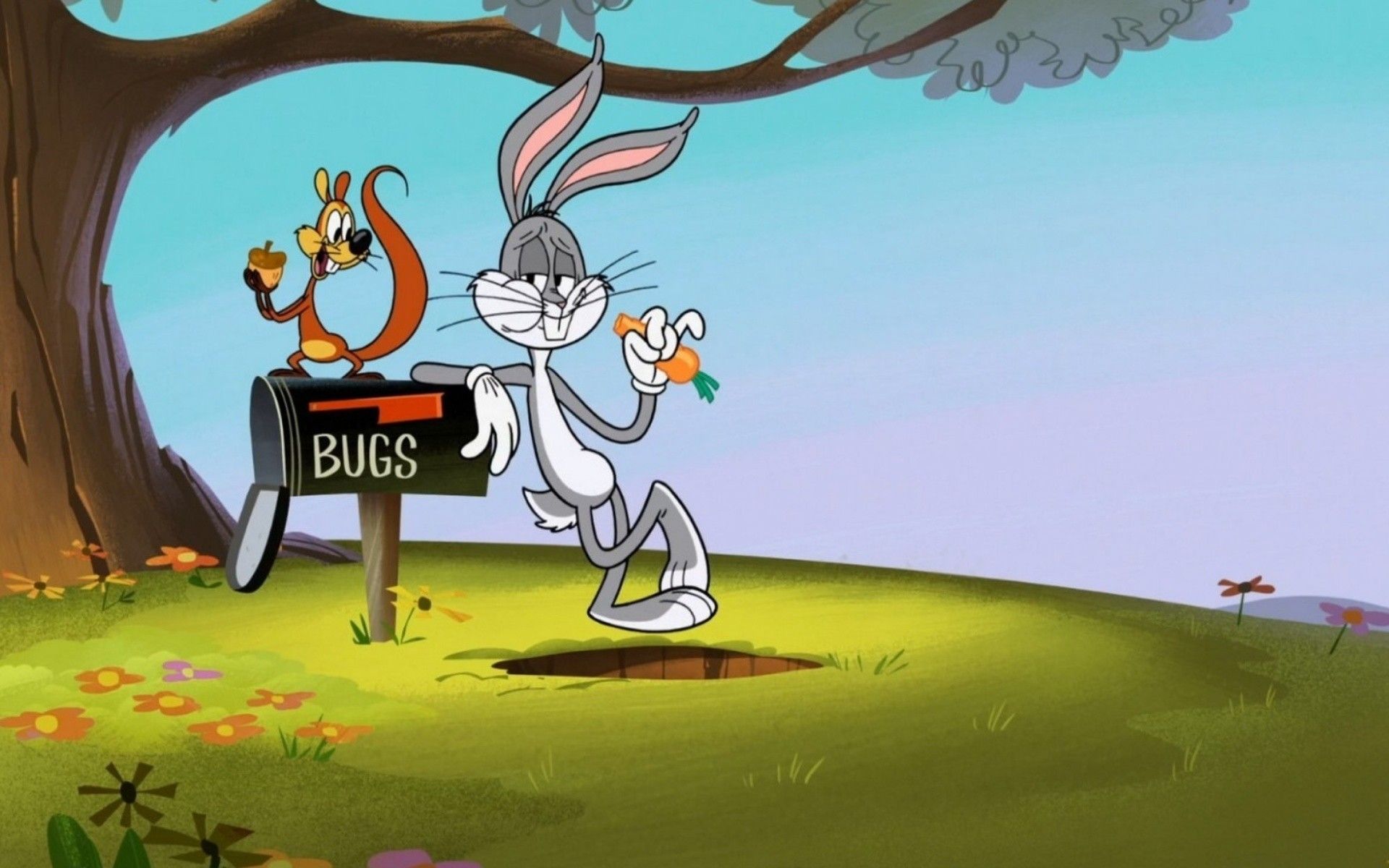 A cartoon rabbit is standing next to an open mailbox - Bugs Bunny