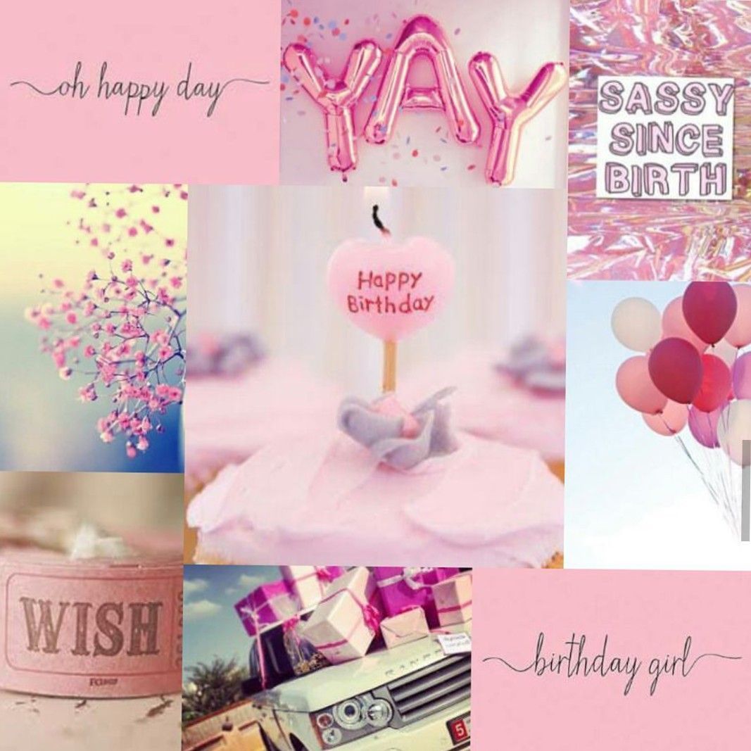 A collage of birthday items including balloons, cake, and a car. - Birthday