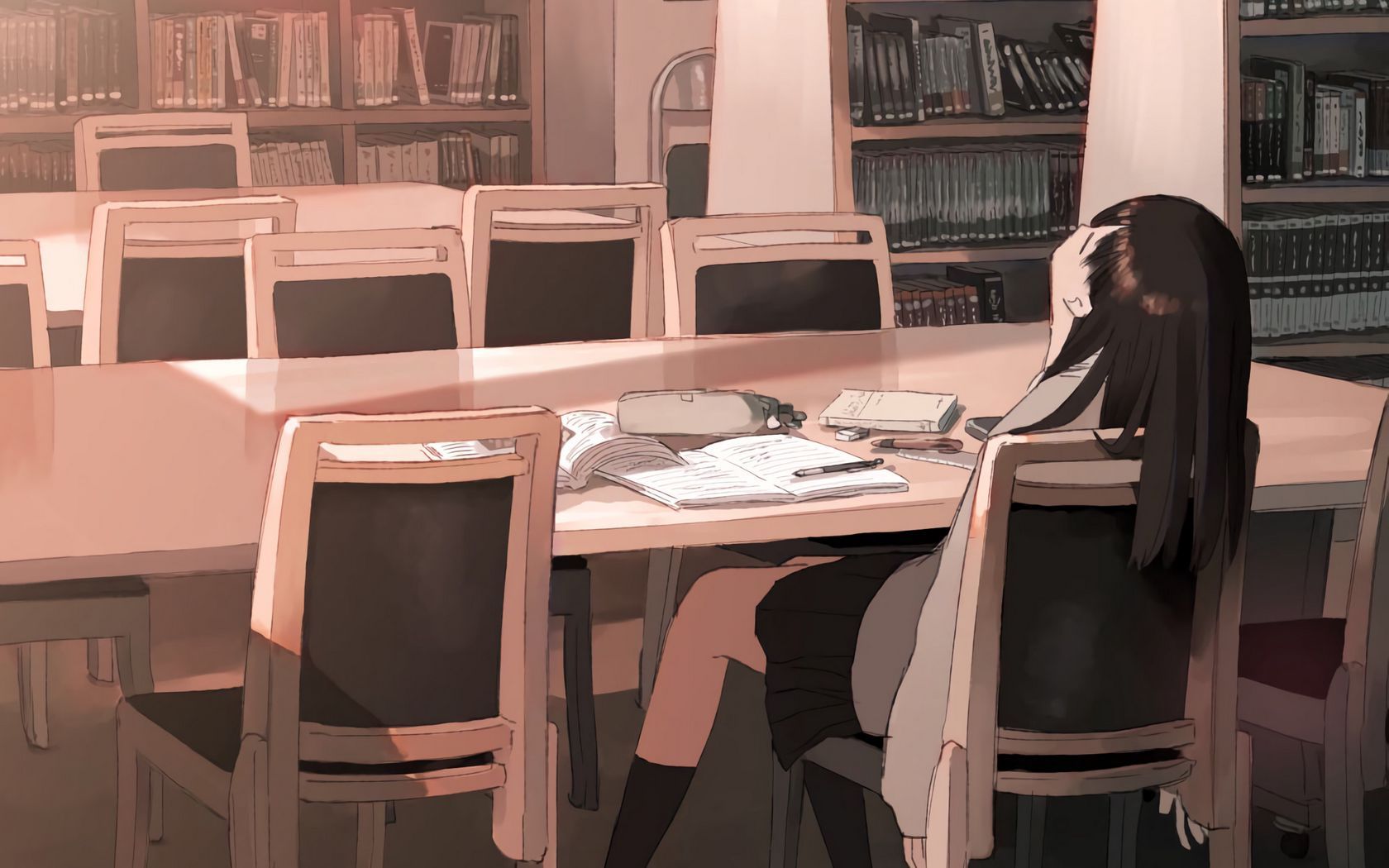 Download wallpaper 1680x1050 girl, library, study, anime widescreen 16:10 HD background