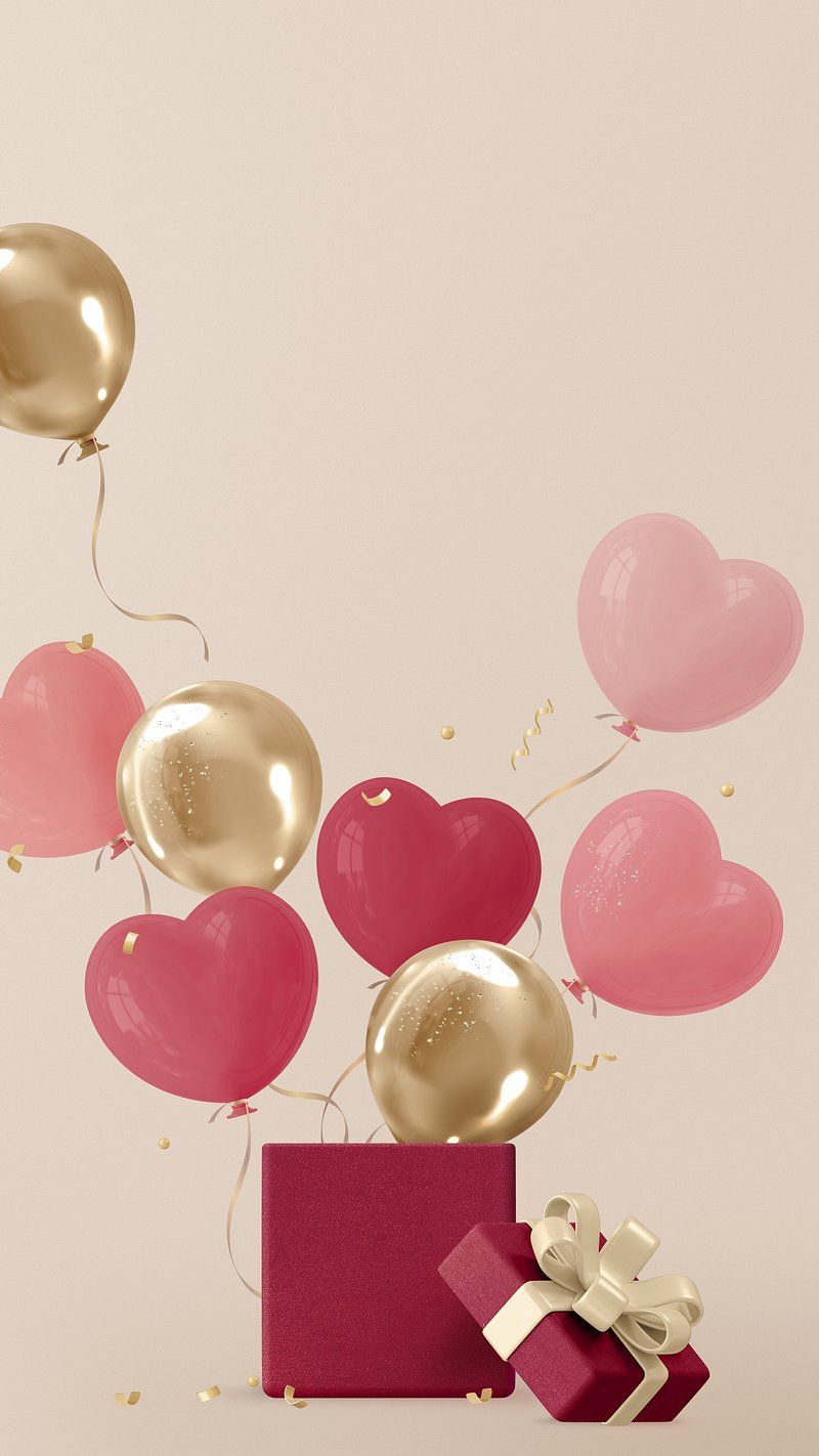 A red gift box with a gold bow on top, surrounded by pink and gold balloons - Birthday