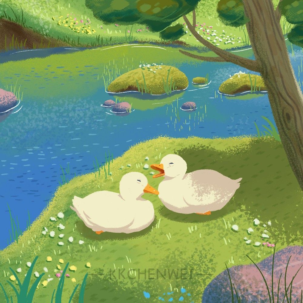 A digital painting of two ducks on a grassy bank by the river - Duck