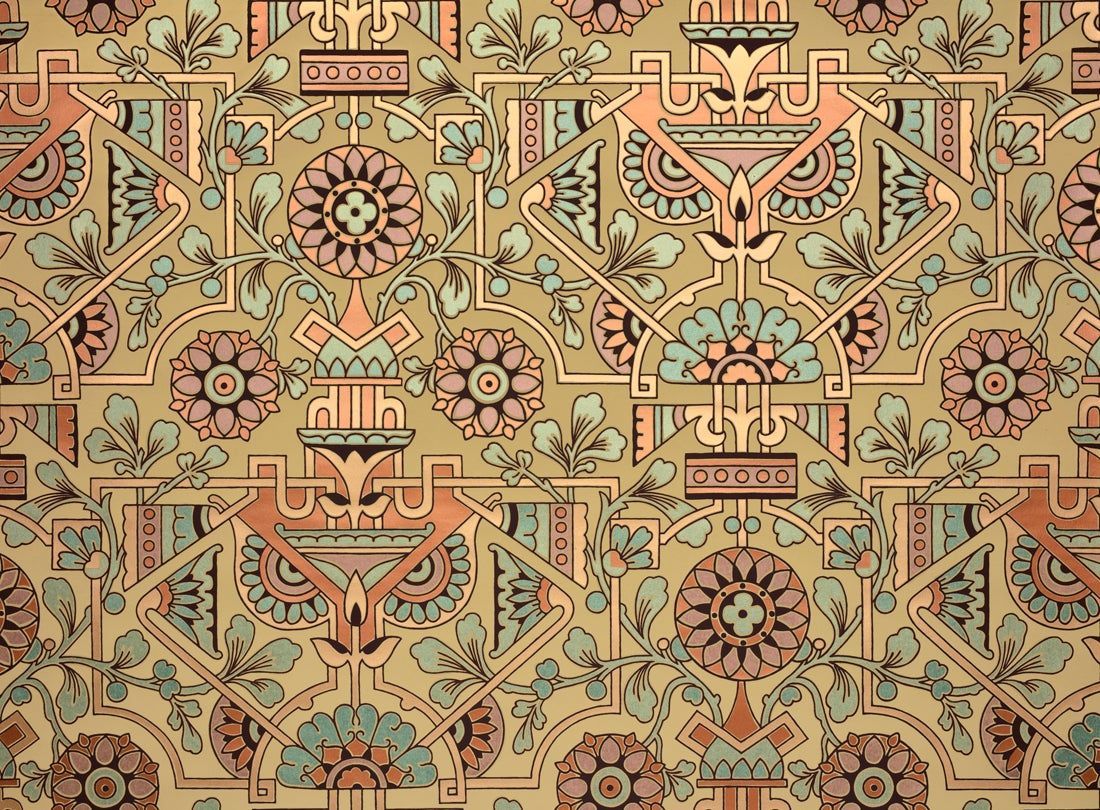 An image of a wallpaper with an orange and blue pattern. - Victorian