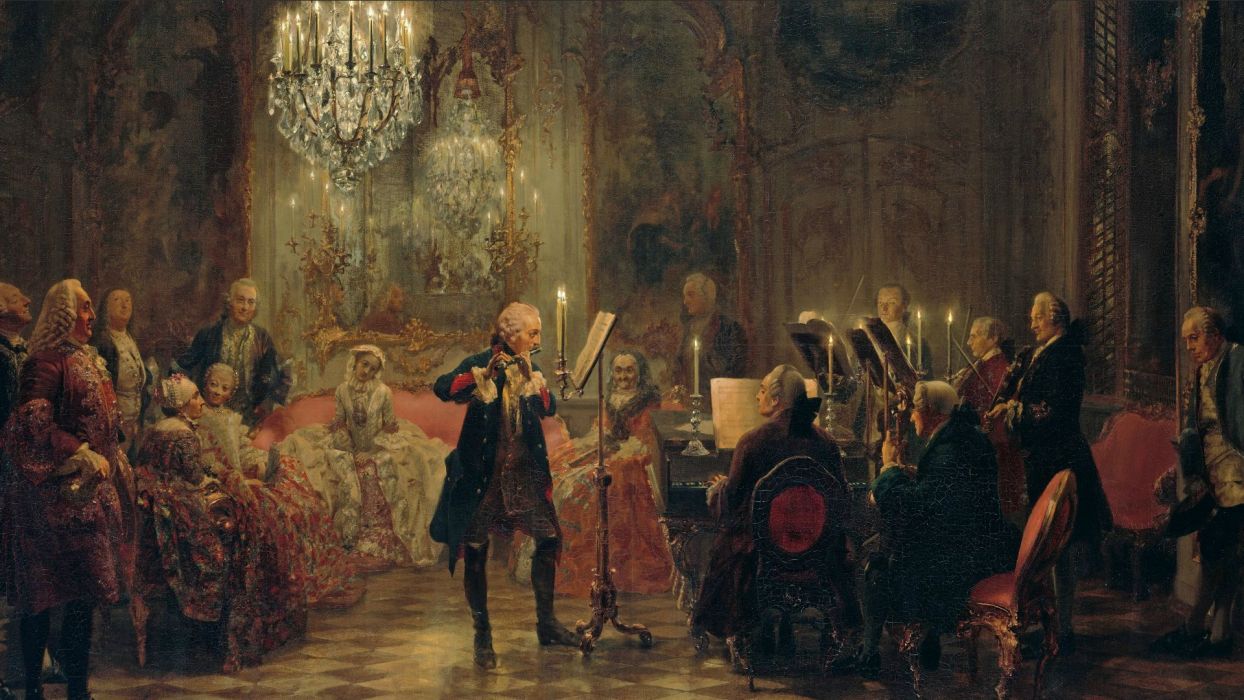Frederick the Great The Flute Concert of Sanssouci Menzel Painting Flute Victorian Concert wallpaperx1080