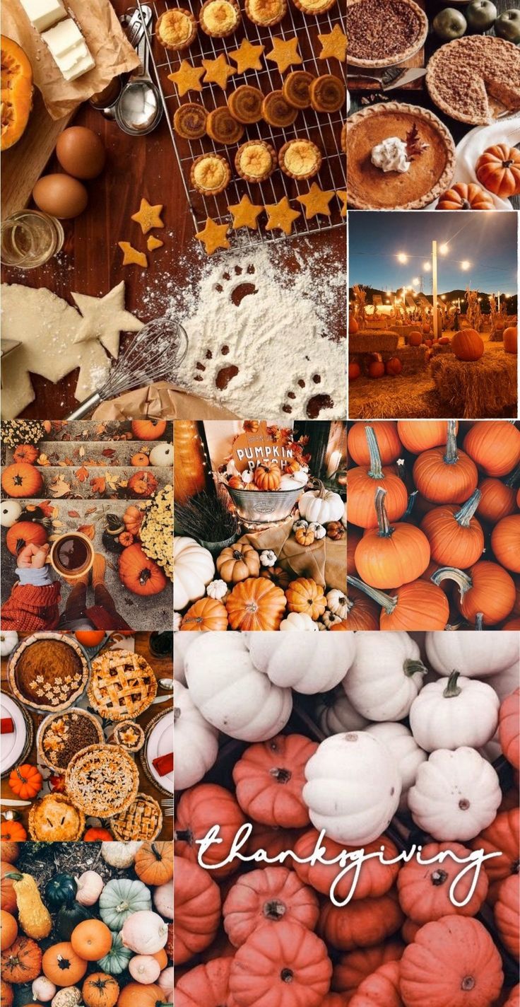 A collage of pictures with pumpkins and other food items - Thanksgiving
