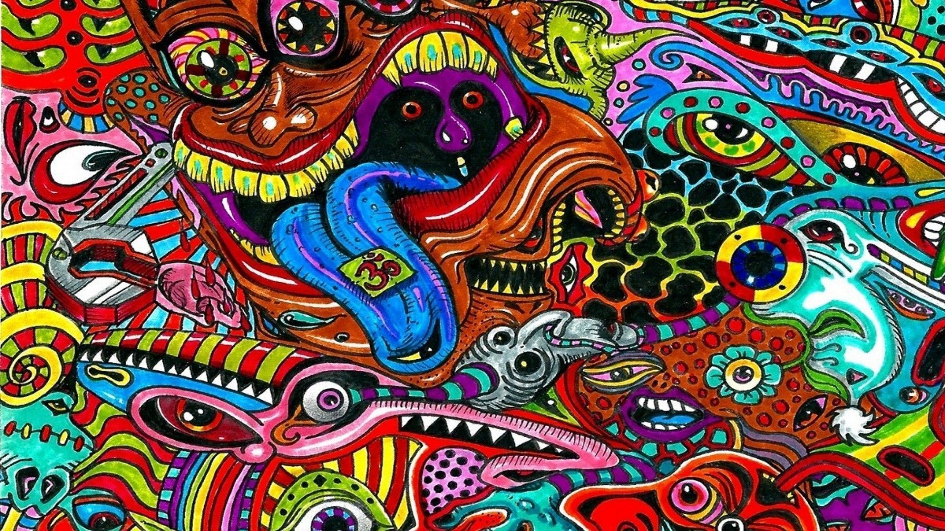A colorful drawing of a bunch of monsters - Psychedelic