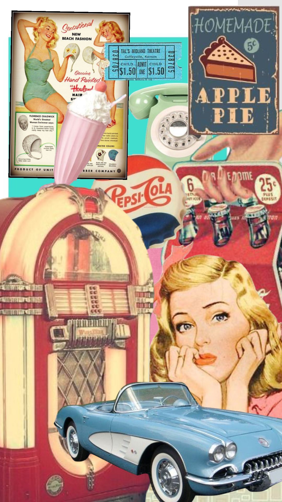 A collage of images from the 1950s including a jukebox, car, and pinup girl. - Retro