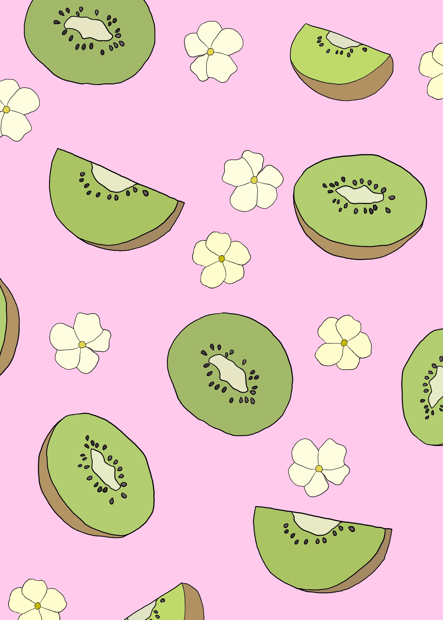 A pattern of kiwi slices and flowers on a pink background - Kiwi