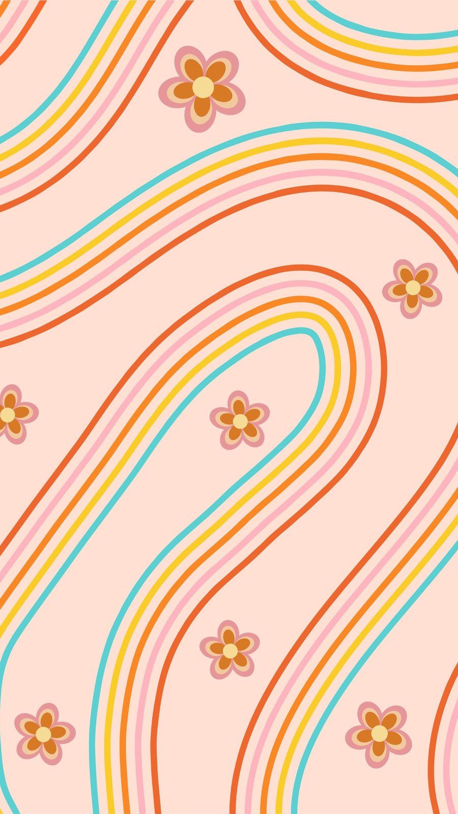 A seamless pattern of rainbow colored flowers and lines - Retro, vintage