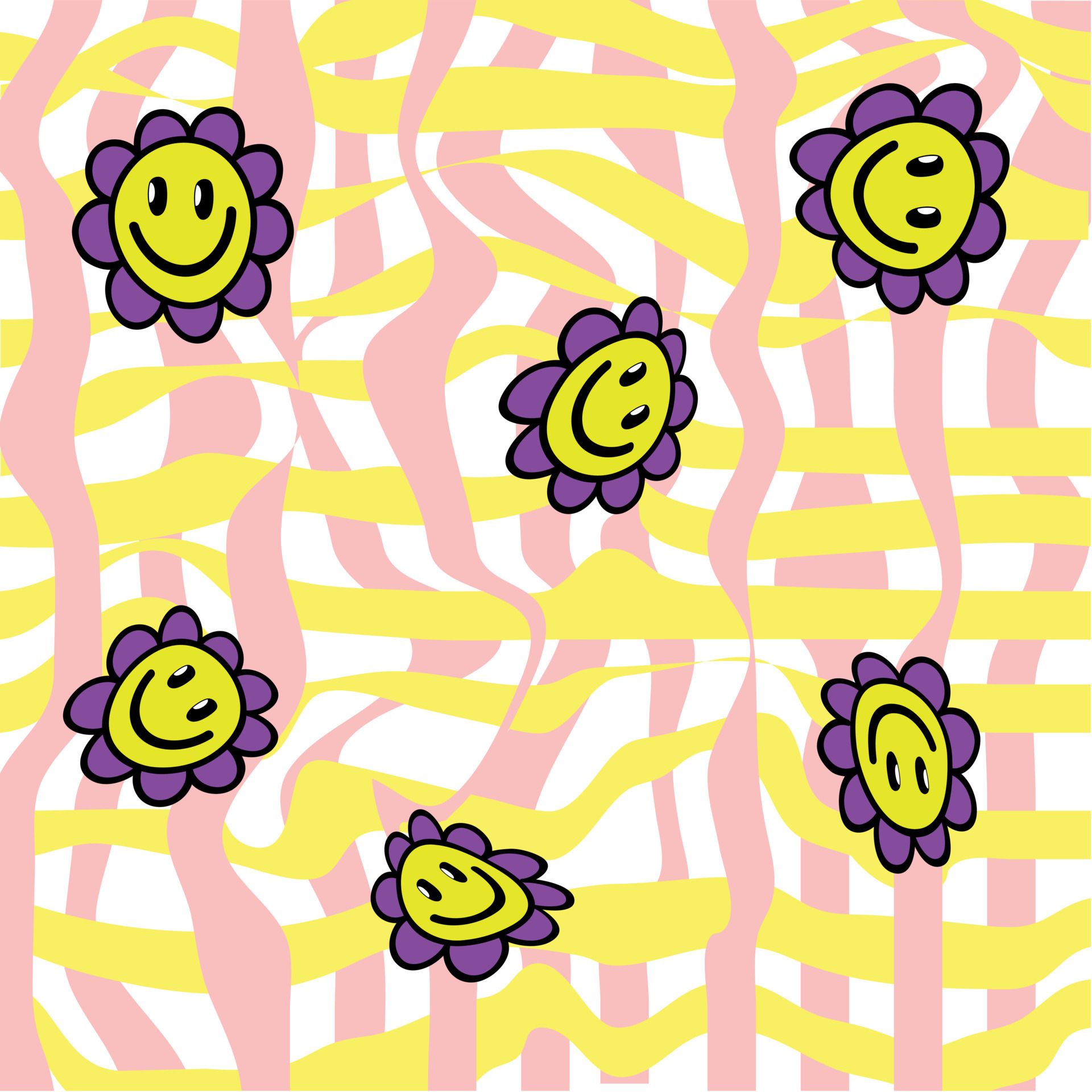 Groovy Retro 1970s Wallpaper with Daisy Smile. Cute Psychedelic Vector Background with Smiles and Wavy Grid