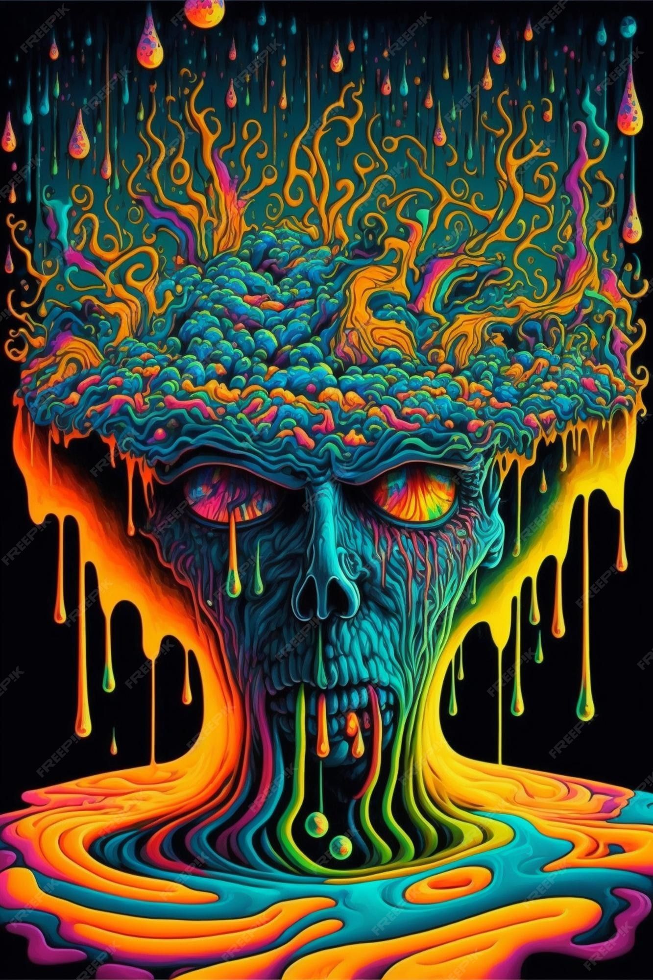 A psychedelic poster of an evil looking head with rainbow colors - Psychedelic