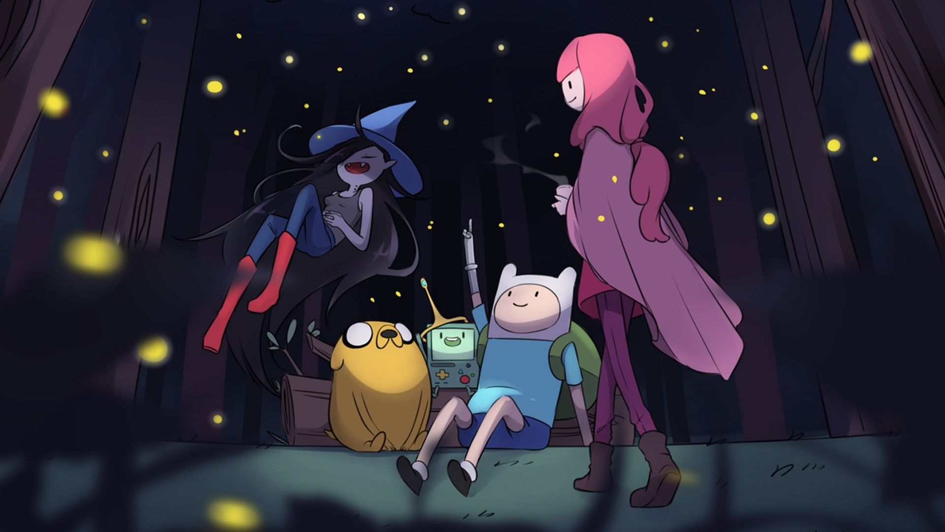 Adventure Time characters sitting in a circle in a forest - Adventure Time
