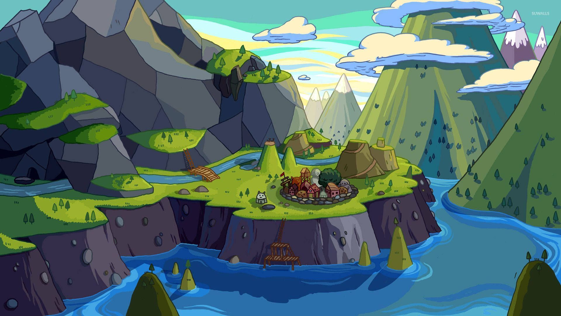 A cartoonish island with mountains and water - Adventure Time