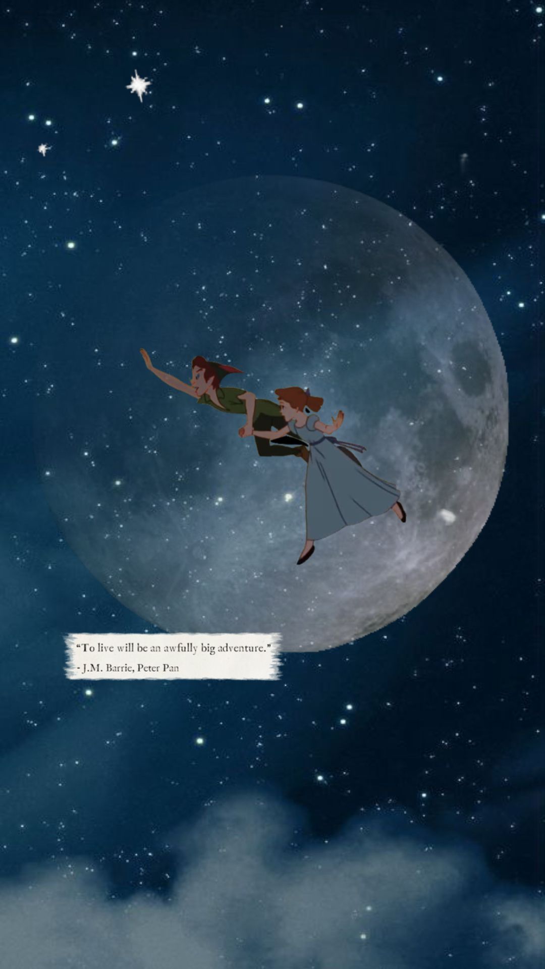 A cartoon of two people flying in the sky - Peter Pan