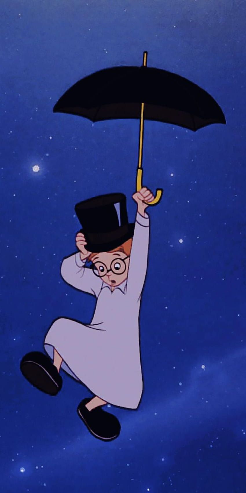 A cartoon character wearing a black hat and holding a black umbrella. - Peter Pan