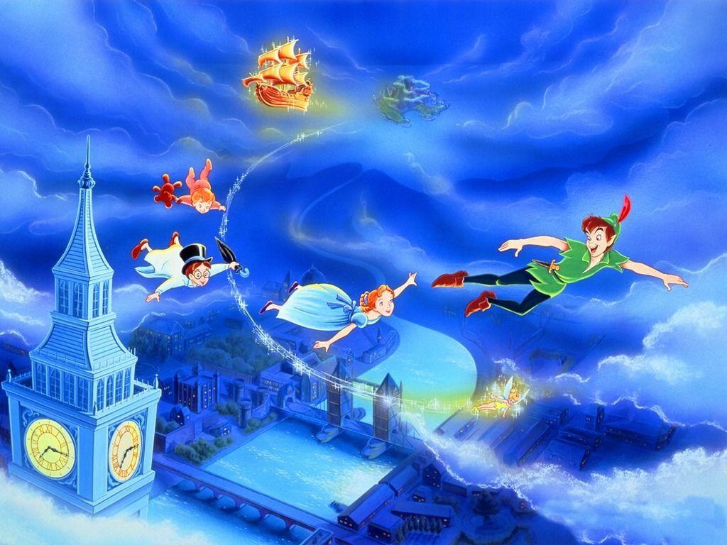 A painting of peter pan flying over the city - Peter Pan