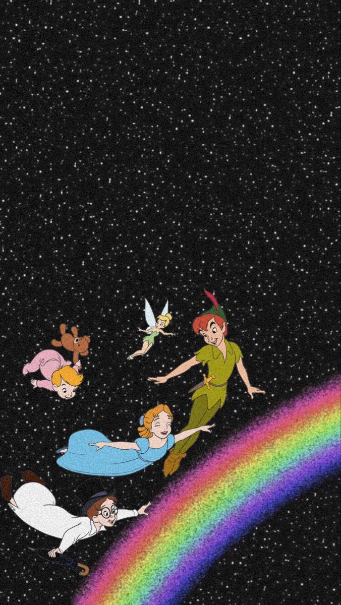 Peter Pan flying over a rainbow with Wendy, John, and Michael. - Peter Pan